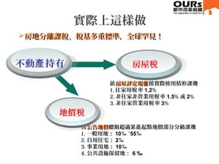 房屋稅
依房屋評定現值房屋評定現值按實際使用情形課徵
1. 住家用 率稅 1.2%
2. 非住家非營業用 率稅 1.5% 或 2%
3. 非住家營業用 率稅 3%
按公告地價公告地價總額超過累進起點地價部分分級課徵
1. 一般用地： 10‰ ~55‰
2. 自用住宅： 2‰
3. 事業用地： 10‰
4. 公共設施保留地： 6 ‰
不動 持有產
實際上這樣做
地價稅
房地分離課稅、稅基多重標準，全球罕見！房地分離課稅、稅基多重標準，全球罕見！
 