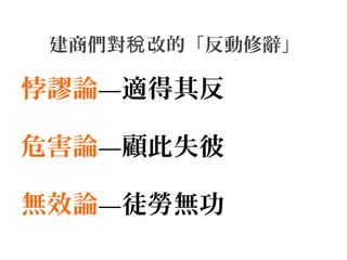 悖謬論—適得其反
危害論—顧此失彼
無效論—徒勞無功
建商們對 改的「反動修辭」稅
 
