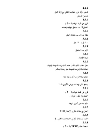 40408
‫العلل‬ ‫الة‬‫ز‬‫إ‬ ‫مع‬ ‫احلقيقي‬ ‫بالوقت‬ ‫املرور‬ ‫كة‬‫حر‬ ‫فحص‬
‫الرسائل‬ ‫تسجيل‬
40501
( ‫ه‬ّ‫املوج‬ ‫طبيعة‬ ‫عن‬ ‫ين‬‫ر‬‫مت‬1-2)
‫الفصل‬5‫وإعداده‬ ‫ه‬ّ‫املوج‬ ‫تشغيل‬ ‫بدء‬ :
50101
‫عامة‬ ‫نظرة‬‫ع‬‫النظام‬ ‫تشغيل‬ ‫بدء‬ ‫ن‬
50102.
‫التشغيل‬ ‫بدء‬ ‫تسلسل‬
50103.
‫التشغيل‬ ‫بدء‬ ‫امر‬‫و‬‫أ‬
50201
‫صي‬‫اإلعداد‬ ‫غة‬
50202
‫املطالبة‬ ‫سطر‬‫تكتب‬ ‫الذي‬‫عنده‬‫هك‬ّ‫ملوج‬ ‫العمومية‬ ‫ات‬‫رت‬‫ام‬‫ر‬‫البا‬
‫ب‬ ‫املطالبة‬‫العمومية‬ ‫ات‬‫رت‬‫ام‬‫ر‬‫البا‬‫عند‬‫التحكم‬ ‫وحدة‬
50203
‫ب‬ ‫املطالبة‬‫ت‬ّ‫مثب‬ ‫اجهة‬‫و‬ ‫لكل‬ ‫ات‬‫رت‬‫ام‬‫ر‬‫البا‬‫ة‬
50204
‫األمر‬ ‫نامج‬‫ر‬‫ب‬setup‫يعرض‬‫املنشأ‬ ‫التكوين‬
50301
( ‫ه‬ّ‫املوج‬ ‫طبيعة‬ ‫عن‬ ‫ين‬‫ر‬‫مت‬1-2)
‫الفصل‬6‫ه‬ّ‫املوج‬ ‫تكوين‬ :1
60101
‫عامة‬ ‫نظرة‬‫عن‬‫ه‬ّ‫املوج‬ ‫تكوين‬
60102.
‫مع‬ ‫العمل‬‫تكوين‬ ‫ملفات‬‫اإلصدار‬11.0
60103.
‫تكوين‬ ‫ملفات‬ ‫مع‬ ‫العمل‬‫قبل‬ ‫ما‬ ‫ات‬‫ر‬‫اإلصدا‬11
60104.
‫ملقم‬ ‫استعمال‬TFTP(1-2)
 