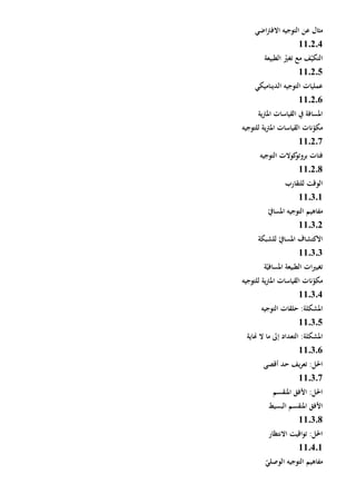 ‫مثال‬‫ال‬ ‫عن‬‫اضي‬‫رت‬‫االف‬ ‫توجيه‬
110204
‫مع‬ ‫ف‬ّ‫التكي‬ّ‫تغي‬‫الطبيعة‬
110205
‫الديناميكي‬ ‫التوجيه‬ ‫عمليات‬
110206
‫ية‬‫رت‬‫امل‬ ‫القياسات‬ ‫يف‬ ‫املسافة‬
‫القيا‬ ‫نات‬ّ‫مكو‬‫ية‬‫رت‬‫امل‬ ‫سات‬‫لل‬‫توجيه‬
110207
‫التوجيه‬ ‫كوالت‬‫بروتو‬ ‫فئات‬
11.2.8
‫للتقارب‬ ‫الوقت‬
11.3.1
‫مفاهيم‬‫التوجيه‬ّ‫املسايف‬
110302
ّ‫املسايف‬ ‫االكتشاف‬‫ل‬‫لشبكة‬
110303
‫الطبيعة‬ ‫ات‬‫ي‬‫تغي‬‫املساف‬ّ‫ي‬‫ة‬
‫للتوجيه‬ ‫ية‬‫رت‬‫امل‬ ‫القياسات‬ ‫نات‬ّ‫مكو‬
110304
‫التوجيه‬ ‫حلقات‬ :‫املشكلة‬
110305
‫إ‬ ‫التعداد‬ :‫املشكلة‬‫هناية‬ ‫ال‬ ‫ما‬ ‫ىل‬
110306
‫يف‬‫ر‬‫تع‬ :‫احلل‬‫حد‬‫أقصى‬
110307
‫املنقسم‬ ‫األفق‬ :‫احلل‬
‫البسيط‬ ‫املنقسم‬ ‫األفق‬
11.3.8
‫االنتظار‬ ‫اقيت‬‫و‬‫ت‬ :‫احلل‬
110401
‫مفاهيم‬‫التوجيه‬ّ‫الوصلي‬
 