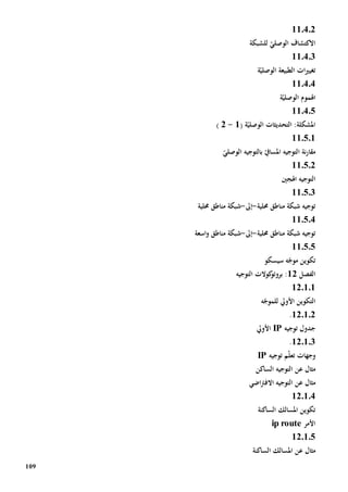 109
110402
ّ‫الوصلي‬ ‫االكتشاف‬‫ل‬‫لشبكة‬
110403
‫ة‬ّ‫الوصلي‬ ‫الطبيعة‬ ‫ات‬‫ي‬‫تغي‬
110404
‫اهلموم‬‫ة‬ّ‫الوصلي‬
11.4.5
:‫املشكلة‬‫ال‬‫تحد‬( ‫ة‬ّ‫الوصلي‬ ‫يثات‬1-2)
110501
ّ‫املسايف‬ ‫التوجيه‬ ‫نة‬‫ر‬‫مقا‬‫ب‬ّ‫الوصلي‬ ‫التوجيه‬
110502
‫ال‬‫اهلجني‬ ‫توجيه‬
110503
‫حملية‬ ‫مناطق‬ ‫شبكة‬ ‫توجيه‬-‫إىل‬-‫حملية‬ ‫مناطق‬ ‫شبكة‬
110504
‫حملية‬ ‫مناطق‬ ‫شبكة‬ ‫توجيه‬-‫إىل‬-‫مناطق‬ ‫شبكة‬‫اسعة‬‫و‬
110505
‫سيسكو‬ ‫ه‬ّ‫موج‬ ‫تكوين‬
‫الفصل‬12‫التوجيه‬ ‫كوالت‬‫بروتو‬ :
12.1.1
‫ه‬ّ‫للموج‬ ‫األويل‬ ‫التكوين‬
120102.
‫توجيه‬ ‫جدول‬IP‫األويل‬
120103.
‫وجهات‬‫توجيه‬ ‫م‬ّ‫ل‬‫تع‬IP
‫مثال‬‫عن‬‫الساكن‬ ‫التوجيه‬
‫مثال‬‫ال‬ ‫عن‬‫اضي‬‫رت‬‫االف‬ ‫توجيه‬
120104
‫الساكنة‬ ‫املسالك‬ ‫تكوين‬
‫األمر‬ip route
120105
‫مثال‬‫عن‬‫الساكنة‬ ‫املسالك‬
 