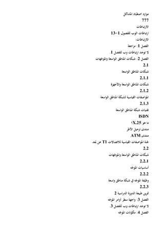 ‫املشاكل‬ ‫اصطياد‬ ‫ارد‬‫و‬‫م‬
777
‫تباطات‬‫ر‬‫اال‬
‫تبا‬‫ر‬‫ا‬‫الوب‬ ‫طات‬‫ل‬‫لفص‬‫و‬‫ل‬1-13
:‫تباطات‬‫ر‬‫اال‬
‫الفصل‬1‫اجعة‬‫ر‬‫م‬ :
‫للفصل‬ ‫وب‬ ‫تباطات‬‫ر‬‫ا‬ ‫توجد‬ ‫ال‬1.
‫الفصل‬2‫هات‬ّ‫املوج‬‫و‬ ‫اسعة‬‫و‬‫ال‬ ‫املناطق‬ ‫شبكات‬ :
201
‫اسعة‬‫و‬‫ال‬ ‫املناطق‬ ‫شبكات‬
20101
‫األجهزة‬‫و‬ ‫اسعة‬‫و‬‫ال‬ ‫املناطق‬ ‫شبكات‬
20102
‫اسعة‬‫و‬‫ال‬ ‫املناطق‬ ‫لشبكة‬ ‫القياسية‬ ‫اصفات‬‫و‬‫امل‬
20103
‫املناطق‬ ‫شبكة‬ ‫تقنيات‬‫اسعة‬‫و‬‫ال‬
ISDN
‫هو‬ ‫ما‬X.25‫؟‬
‫األطر‬ ‫ترحيل‬ ‫منتدى‬
‫منتدى‬ATM
‫القياسية‬ ‫اصفات‬‫و‬‫امل‬ ‫جلنة‬‫ل‬‫التصاالت‬T1‫عد‬ُ‫ب‬ ‫عن‬
202
‫هات‬ّ‫املوج‬‫و‬ ‫اسعة‬‫و‬‫ال‬ ‫املناطق‬ ‫شبكات‬
20201
‫ه‬ّ‫املوج‬ ‫أساسيات‬
20202
‫اسعة‬‫و‬ ‫مناطق‬ ‫شبكة‬ ‫يف‬ ‫ه‬ّ‫املوج‬ ‫وظيفة‬
20203
‫اسية‬‫ر‬‫الد‬ ‫الدورة‬ ‫طبيعة‬ ‫ين‬‫ر‬‫مت‬2
‫الفصل‬3‫ام‬‫و‬‫أ‬ ‫سطر‬ ‫اجهة‬‫و‬ :‫ه‬ّ‫املوج‬ ‫ر‬
‫للفصل‬ ‫وب‬ ‫تباطات‬‫ر‬‫ا‬ ‫توجد‬ ‫ال‬3.
‫الفصل‬4‫ه‬ّ‫املوج‬ ‫نات‬ّ‫مكو‬ :
 