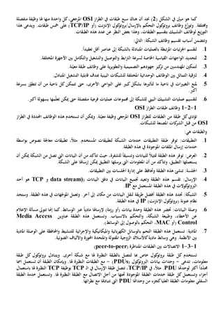 ‫هو‬ ‫كما‬‫الشكل‬ ‫يف‬ ّ‫مبني‬(2‫أن‬ ‫جند‬ )‫از‬‫ر‬‫الط‬ ‫يف‬ ‫طبقات‬ ‫سبع‬ ‫هناك‬OSI‫كل‬،‫املرجعي‬‫احدة‬‫و‬‫من‬‫ها‬‫هل‬‫ا‬‫وظيفة‬‫منفصل‬‫ة‬
‫و‬.‫خمتلفة‬‫وظائف‬ ّ‫ز‬‫وتو‬‫كول‬‫باإلرسال/بروتو‬ ‫التحكم‬ ‫كول‬‫بروتو‬‫نت‬‫رت‬‫اإلن‬(‫أو‬TCP/IP)‫على‬.‫طبقات‬ ‫مخس‬‫ويدعى‬‫هذا‬
‫لوظائف‬ ‫يع‬‫ز‬‫التو‬‫التشبيك‬‫ب‬‫تقسيم‬‫ا‬‫لطبقات‬،‫وهذا‬‫عد‬ ‫عن‬ ‫النظر‬ ‫بغض‬‫د‬‫هذه‬‫الطبقات‬.
‫وتتضمن‬‫أسباب‬‫تقسيم‬‫الشبكة‬ ‫وظائف‬::‫التايل‬
1.‫لت‬‫قسم‬‫ئيات‬‫ز‬‫اجل‬‫تبطة‬‫ر‬‫امل‬‫بالشبكة‬ ‫املتبادلة‬ ‫بالعمليات‬‫إىل‬‫أقل‬ ‫عناصر‬.ً‫ا‬‫تعقيد‬
2.‫ال‬ ‫لتحديد‬‫اجهات‬‫و‬‫ال‬‫قياسية‬‫و‬ ‫ابط‬‫رت‬‫ال‬ ‫لسرعة‬ ‫اخلاصة‬‫بني‬ ‫التكامل‬‫و‬ ‫التشغيل‬‫و‬ ‫التوصيل‬.‫املختلفة‬ ‫األجهزة‬
3.‫ل‬‫املهندسني‬ ‫تمكني‬‫ت‬ ‫من‬‫ك‬‫ر‬‫ي‬‫جهود‬ ‫ز‬‫هم‬‫الت‬‫صم‬‫ي‬‫م‬‫ية‬‫و‬‫ال‬‫تطوير‬‫ية‬‫وظائف‬ ‫على‬‫نة‬ّ‫معي‬ ‫طبقة‬.
4.‫ل‬‫رتقية‬‫ال‬‫تماثل‬‫الوظائف‬ ‫بني‬‫ا‬‫لوح‬‫املختلف‬ ‫داتية‬‫ة‬‫البينية‬ ‫للشبكات‬‫املتبادل‬ ‫التشغيل‬ ‫قابلية‬ ‫هبدف‬.
5.‫مل‬‫نع‬‫ات‬‫ي‬‫التغي‬‫ناحية‬ ‫يف‬‫ما‬‫لتأثي‬‫ها‬،‫األخرى‬ ‫احي‬‫و‬‫الن‬ ‫على‬ ‫كبي‬ ‫بشكل‬‫حىت‬‫تتمكن‬‫ناحية‬ ‫كل‬‫من‬‫أن‬‫ب‬ ‫ر‬ّ‫تتطو‬‫سرعة‬
‫أك‬‫رب‬.
6.‫لت‬‫قس‬‫ي‬‫م‬‫عمليات‬‫ل‬ ‫البيين‬ ‫التشبيك‬‫لشبك‬‫ة‬‫إىل‬‫منفصل‬ ‫فرعية‬ ‫عمليات‬ ‫جمموعات‬‫ة‬‫ميكن‬ ‫حىت‬‫م‬ّ‫ل‬‫تع‬‫ها‬‫أكرب‬ ‫بسهولة‬.
1-2-1‫از‬‫ر‬‫الط‬ ‫طبقات‬ ‫وظائف‬OSI
‫تؤدي‬‫طبقة‬ ‫كل‬‫ال‬ ‫من‬‫طبق‬‫لل‬ ‫ات‬‫از‬‫ر‬‫ط‬OSI‫املرجعي‬‫وظيفة‬.‫نة‬ّ‫معي‬‫هذه‬ ‫تستخدم‬ ‫أن‬ ‫وميكن‬‫الوظائف‬‫يف‬ ‫احملددة‬‫از‬‫ر‬‫الط‬
OSI‫للشبكا‬ ‫املصنعة‬ ‫كات‬‫الشر‬ ‫قبل‬ ‫من‬.‫ت‬
‫و‬‫الطبقات‬‫هي‬:
1.‫التطبيقات‬:‫توفر‬‫طبقة‬‫التطبيقات‬‫الشبكة‬ ‫خدمات‬‫ا‬ ‫لتطبيقات‬‫ملستخدم‬.‫تطبيقات‬ ،ً‫ال‬‫مث‬‫نصوص‬ ‫معاجلة‬‫اسطة‬‫و‬‫ب‬
‫امللفات‬ ‫إرسال‬ ‫خدمات‬‫املوجودة‬.‫الطبقة‬ ‫هذه‬ ‫يف‬
2.‫العرض‬:‫توفر‬ً‫ال‬‫متثي‬ ‫الطبقة‬ ‫هذه‬‫ل‬‫وتنسيق‬ ‫لبيانات‬ً‫ا‬‫ل‬‫لشفرة‬،‫من‬ ‫تتأكد‬ ‫حيث‬‫أن‬‫ال‬ ‫البيانات‬‫يت‬‫ت‬‫الشب‬ ‫من‬ ‫صل‬‫ميكن‬ ‫كة‬‫أن‬
‫التطبيق‬ ‫يستعملها‬،‫من‬ ‫وتتأكد‬‫املعلومات‬ ‫أن‬‫التطبيق‬ ‫يرسلها‬ ‫اليت‬‫ميكن‬‫إرساهلا‬.‫الشبكة‬ ‫على‬
3.:‫اجللسة‬‫تنشئ‬‫الطبقة‬ ‫هذه‬‫وحت‬‫على‬ ‫اف‬‫إدارة‬‫بني‬ ‫اجللسات‬‫التطبيقات‬.
4.‫اإل‬:‫رسال‬‫تقسم‬‫و‬ ‫الطبقة‬ ‫هذه‬‫ت‬‫دفق‬ ‫يف‬ ‫البيانات‬ ‫جتميع‬ ‫عيد‬‫ال‬‫بيانات‬(data stream)‫و‬TCP‫أحد‬ ‫هو‬
‫ال‬‫ربوت‬‫كوالت‬‫و‬‫ال‬ ‫هذه‬ ‫يف‬‫مع‬ ‫املستعمل‬ ‫طبقة‬IP.
5.:‫الشبكة‬‫حتدد‬‫مكان‬ ‫من‬ ‫البيانات‬ ‫لنقل‬ ‫يقة‬‫ر‬‫ط‬ ‫أفضل‬ ‫الطبقة‬ ‫هذه‬‫إىل‬.‫آخر‬‫وتعمل‬.‫الطبقة‬ ‫هذه‬ ‫يف‬ ‫هات‬ّ‫املوج‬‫وس‬‫تجد‬
‫عنونة‬ ‫نظام‬‫كول‬‫(بروتو‬‫نت‬‫رت‬‫اإلن‬)IP.‫الطبقة‬ ‫هذه‬ ‫يف‬
6.‫وصلة‬:‫البيانات‬‫حتضر‬‫إلرساهل‬ )‫رزمة‬ ‫(أو‬ ‫بيانات‬ ‫وحدة‬ ‫الطبقة‬ ‫هذه‬‫ا‬‫مادي‬ً‫ا‬‫عرب‬.‫الوسائط‬‫ت‬ ‫إهنا‬ ‫كما‬‫توىل‬‫مسألة‬‫اإلعالم‬
‫عن‬،‫األخطاء‬‫وطبيعة‬.‫باالنسياب‬ ‫التحكم‬‫و‬ ،‫الشبكة‬‫وتستعمل‬‫عناوين‬ ‫الطبقة‬ ‫هذه‬Media Access
Control‫(أو‬MAC،.)‫الوسائط‬ ‫إىل‬ ‫بالوصول‬ ‫التحكم‬
7.‫املادي‬‫ة‬:‫تستعمل‬‫الطبقة‬ ‫هذه‬‫التحم‬‫ب‬‫بائي‬‫ر‬‫الكه‬ ‫الوسائل‬‫ة‬‫و‬‫امليكانيكي‬‫ة‬‫و‬‫ائي‬‫ر‬‫اإلج‬‫ة‬‫ل‬‫لتن‬‫على‬ ‫احملافظة‬‫و‬ ‫شيط‬‫الوصلة‬‫املادي‬‫ة‬
.‫األنظمة‬ ‫بني‬‫وهي‬‫ك‬‫مادية‬ ‫وسائط‬‫األسالك‬‫الزوج‬‫ية‬‫املفتول‬‫ة‬‫و‬‫املتحد‬‫ة‬‫احملور‬‫ة‬.‫الضوئية‬ ‫األلياف‬‫و‬
1-3-1‫االتصاالت‬( ‫املتناظرة‬ ‫الطبقات‬ ‫بني‬peer-to-peer)
‫تستخدم‬‫كول‬‫بروتو‬ ‫طبقة‬ ‫كل‬‫هبا‬ ‫خاص‬‫ل‬‫بال‬ ‫تتصل‬‫طبق‬‫ة‬‫ال‬‫نظي‬‫ة‬‫أ‬ ‫شبكة‬ ‫مع‬ ‫هلا‬‫خر‬‫ويتبادل‬ .‫ى‬‫طبقة‬ ‫كل‬ ‫كول‬‫بروتو‬
،‫معلومات‬‫تدعى‬-( ‫كول‬‫الربوتو‬ ‫بيانات‬ ‫وحدات‬PDUs)-‫مع‬‫ال‬‫النظية‬ ‫طبقات‬‫هلا‬.‫وبإمكان‬‫أن‬ ‫الطبقة‬‫ت‬‫ستعمل‬‫امسا‬
ً‫ا‬‫د‬ّ‫د‬‫حم‬‫أكثر‬‫لوحدهتا‬PDU‫يف‬ ،ً‫ال‬‫مث‬ .TCP/IP‫تتصل‬ ،‫اإلرسال‬ ‫طبقة‬‫ـ‬‫ل‬‫ا‬ ‫يف‬TCP‫ب‬‫وظيفة‬TCP‫ال‬‫نظي‬‫ة‬‫هلا‬‫باستعمال‬
‫وتستعمل‬ ‫اء‬‫ز‬‫أج‬‫خدمات‬ ‫طبقة‬ ‫كل‬‫ا‬‫ل‬‫طبقة‬‫املوجودة‬‫حتته‬‫ا‬‫أجل‬ ‫من‬‫ا‬‫مع‬ ‫التصال‬.‫هلا‬ ‫النظية‬ ‫الطبقة‬‫وتستعمل‬‫الطبقة‬ ‫خدمة‬
‫السفلي‬‫كجزء‬‫العليا‬ ‫الطبقة‬ ‫معلومات‬‫وحداهتا‬ ‫من‬PDU‫ال‬‫يت‬‫ت‬‫تبادهل‬‫ا‬‫مع‬‫ائها‬‫ر‬‫نظ‬.
 