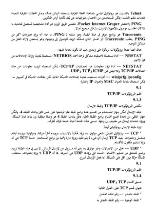 Telnet(‫التلنت‬)‫قياسي‬ ‫كول‬‫بروتو‬ ‫هو‬‫مل‬‫يستعمله‬ ‫الطرفية‬ ‫احملطة‬ ‫ضاهاة‬‫بائن‬‫ز‬‫ال‬‫هبدف‬‫احمل‬ ‫وصل‬‫ط‬‫ات‬‫ال‬‫طرفية‬‫ال‬‫بعيدة‬
‫خب‬‫التلنت؛‬ ‫ملقم‬ ‫دمات‬‫مي‬‫املستخدمني‬ ‫ن‬ّ‫ك‬‫ا‬ ‫من‬.‫التكوين‬ ‫امر‬‫و‬‫أ‬ ‫لكتابة‬ ‫عد‬ُ‫ب‬ ‫عن‬ ‫هات‬ّ‫باملوج‬ ‫التصال‬
PING(‫اختص‬‫ار‬Packet Internet Groper،‫تشخيصية‬ ‫أداة‬ ‫هو‬ )‫الرزم‬ ‫يق‬‫ر‬‫ط‬ ‫س‬ّ‫متلم‬ُ‫ت‬‫ما‬ ‫لتحديد‬ ‫ستعمل‬
‫احلاسب‬ ‫كان‬‫إذا‬‫ب‬ ‫موصول‬‫صحيح‬ ‫بشكل‬ ‫نت‬‫رت‬‫األجهزة/االن‬‫ال‬ ‫أم‬.
Traceroute‫و‬ ،‫أنظمة‬ ‫عدة‬ ‫يف‬ ‫متوفر‬ ‫نامج‬‫ر‬‫ب‬ ‫هو‬‫هو‬‫مشابه‬‫ـ‬‫ل‬PING‫عدا‬ ‫ما‬ ،‫أنه‬‫من‬ ‫أكثر‬ ‫معلومات‬ ‫د‬ّ‫يزو‬
PING.‫ب‬ّ‫ق‬‫يتع‬Traceroute‫أثر‬‫املسار‬‫تسلكه‬ ‫الذي‬‫الرزمة‬‫للوصول‬‫وجه‬ ‫إىل‬‫تها‬‫و‬ ،‫هو‬ُ‫ي‬‫ستعمل‬‫إل‬‫من‬ ‫العلل‬ ‫الة‬‫ز‬
.‫التوجيه‬ ‫مشاكل‬
‫بضع‬ ً‫ا‬‫أيض‬ ‫هناك‬‫ة‬‫تكز‬‫ر‬‫م‬ ‫كوالت‬‫بروتو‬‫ة‬‫عل‬ ً‫ا‬‫معتاد‬ ‫تكون‬ ‫أن‬ ‫جيب‬ ‫ويندوز‬ ‫على‬‫يها‬:
NBSTAT--‫مستعمل‬ ‫أداة‬‫ة‬‫أمساء‬ ‫ترمجة‬ ‫مشاكل‬ ‫الصطياد‬NETBIOS‫مستعمل‬ ‫؛‬‫ة‬‫من‬ ‫اإلدخاالت‬ ‫الة‬‫ز‬‫وإ‬ ‫ملعاينة‬
‫خم‬.‫األمساء‬ ‫بأ‬
NETSTAT--‫أداة‬‫ت‬‫إحصائيات‬ ‫عن‬ ‫معلومات‬ ‫د‬ّ‫زو‬TCP/IP‫حالة‬ ‫عن‬ ‫معلومات‬ ‫لتزويد‬ ‫استعماله‬ ‫ميكن‬ ‫؛‬
‫اتصاالت‬TCP/IP‫وتالخيص‬‫ع‬‫ن‬ICMP‫و‬TCP‫و‬UDP.
ipconfig/winipcfg--‫مستعمل‬ ‫ات‬‫و‬‫أد‬‫ة‬‫لكل‬ ‫احلالية‬ ‫الشبكة‬ ‫إعدادات‬ ‫ملعاينة‬‫يف‬ ‫الشبكة‬ ‫بطاقات‬‫ما‬ ‫كمبيوتر‬‫؛‬
‫استعماهل‬ ‫ميكن‬‫ا‬‫مل‬‫ان‬‫و‬‫العن‬ ‫عاينة‬MAC‫ال‬‫و‬‫ان‬‫و‬‫عن‬IP.‫ارة‬ّ‫العب‬‫و‬
201
‫كوالت‬‫الربوتو‬ ‫طقم‬TCP/IP
20103
‫كوالت‬‫الربوتو‬ ‫مكدس‬TCP/IP‫اإلرسال‬ ‫وطبقة‬
‫املستخدم‬ ‫جهاز‬ ‫ن‬ّ‫ك‬‫مت‬ ‫اإلرسال‬ ‫طبقة‬‫من‬‫ل‬ ‫عليا‬ ‫طبقة‬ ‫امج‬‫ر‬‫ب‬ ‫عدة‬ ‫تقسيم‬‫وضعها‬‫الطبقة‬ ‫بيانات‬ ‫دفق‬ ‫نفس‬ ‫على‬4‫ن‬ّ‫ك‬‫ومت‬ ،
‫التلقي‬ ‫جهاز‬‫إعادة‬ ‫من‬‫جتميع‬‫أقسام‬‫ا‬‫ر‬‫ب‬‫الطبقة‬ ‫بيانات‬ ‫دفق‬ .‫العليا‬ ‫الطبقة‬ ‫مج‬4‫هو‬‫وصلة‬‫منطقي‬‫ة‬،‫الشبكة‬ ‫هناية‬ ‫نقاط‬ ‫بني‬
.‫وجهة‬ ‫إىل‬ ‫مضيف‬ ‫من‬ ‫إرسال‬ ‫خدمات‬ ‫د‬ّ‫ويزو‬‫تسمى‬.‫لطرف‬ ‫طرف‬ ‫خدمة‬ ً‫ا‬‫أحيان‬ ‫اخلدمة‬ ‫هذه‬
‫ت‬:ً‫ا‬‫أيض‬ ‫كولني‬‫بروتو‬ ‫اإلرسال‬ ‫طبقة‬ ‫د‬ّ‫زو‬
*TCP--‫حتكم‬ ‫د‬ّ‫يزو‬ ‫به؛‬ ‫موثوق‬ ‫املنحى‬ ‫اتصايل‬ ‫كول‬‫بروتو‬ً‫ا‬‫بت‬ ‫باالنسياب‬‫زويد‬‫ه‬‫أطر‬ً‫ا‬‫و‬ ،‫لقة‬‫ز‬‫من‬‫موثوقية‬‫بتزويد‬‫ه‬‫أرقام‬
‫ات‬‫ر‬‫وإشعا‬ ‫تسلسل‬.‫يعيد‬TCP‫شيء‬ ‫أي‬ ‫إرسال‬‫تلقيه‬ ‫يتم‬ ‫مل‬‫حسنة‬ .‫املستخدم‬ ‫امج‬‫ر‬‫ب‬ ‫بني‬ ‫ومهية‬ ‫دارة‬ ‫د‬ّ‫ويزو‬TCP‫ه‬‫ي‬‫أنه‬
‫تسليم‬ ‫د‬ّ‫يزو‬‫مكفول‬.‫لألقسام‬
*UDP--‫خال‬‫أن‬ ‫رغم‬ ‫به؛‬ ‫موثوق‬ ‫وغي‬ ‫االتصاالت‬ ‫من‬‫ه‬‫مسؤول‬‫عن‬‫الرسائل‬ ‫إلرسال‬،‫ال‬‫يتم‬‫يف‬‫الطبقة‬ ‫هذه‬‫تزويد‬
‫نامج‬‫ر‬‫ب‬‫من‬ ‫للتحقق‬‫تسليم‬‫األقسام‬‫ال‬ ‫احلسنة‬ .‫يت‬‫د‬ّ‫يزو‬‫ها‬UDP‫ه‬‫ي‬.‫السرعة‬‫أن‬ ‫مبا‬UDP‫ال‬،‫ات‬‫ر‬‫إشعا‬ ‫د‬ّ‫يزو‬‫ستتطلب‬
‫املسألة‬‫ع‬ ‫أقل‬ ‫مرور‬ ‫كة‬‫حر‬‫لى‬،‫الشبكة‬‫جي‬ ‫مما‬‫عل‬‫اإل‬. ‫أسر‬ ‫رسال‬
201
‫كوالت‬‫الربوتو‬ ‫طقم‬TCP/IP
20104
‫أقسام‬ ‫تنسيق‬TCP‫و‬UDP
‫قسم‬ ‫حيتوي‬TCP‫احل‬ ‫على‬:‫التالية‬ ‫قول‬
‫املصدر‬ ‫املنفذ‬ *--‫رقم‬‫املتصل‬ ‫املنفذ‬
‫الوجهة‬ ‫املنفذ‬ *--‫رقم‬‫املنفذ‬‫به‬ ‫ل‬‫املتص‬
 