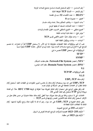 53
‫التسلسل‬ ‫رقم‬ *--‫للبيانات‬ ‫صحيح‬ ‫تسلسل‬ ‫لضمان‬ ‫املستعمل‬ ‫الرقم‬‫اردة‬‫و‬‫ال‬
‫اإلشعار‬ ‫رقم‬ *--‫ة‬َّ‫ي‬‫مان‬ُ‫ث‬‫ال‬TCP‫املتوقع‬‫ة‬‫التالي‬‫ة‬
*HLEN--‫الكلمات‬ ‫عدد‬32-‫امل‬ ‫يف‬ ‫بت‬‫قدمة‬
‫حمجوز‬ *--‫م‬‫ضب‬‫و‬‫ط‬‫عند‬1
‫الشيفرة‬ ‫بتات‬ *--‫وظائف‬‫ال‬،ً‫ال‬‫(مث‬ ‫تحكم‬)‫جلسة‬ ‫وإهناء‬ ‫إعداد‬
‫ال‬ *‫نافذة‬--َّ‫ي‬‫مان‬ُ‫ث‬‫ال‬ ‫عدد‬‫ات‬‫يقبلها‬ ‫أن‬ ‫املستعد‬‫املرسل‬
‫تدقيقي‬ ‫جممو‬ *--‫احملسوب‬ ‫التدقيقي‬ ‫اجملمو‬‫حل‬‫امل‬ ‫قول‬‫قدمة‬‫و‬‫البيانات‬
ّ‫لح‬ُ‫م‬ ‫مؤشر‬ *--ّ‫لح‬ُ‫امل‬ ‫البيانات‬ ‫هناية‬ ‫د‬ّ‫د‬‫حي‬‫ة‬
‫خيار‬ *--‫م‬ ‫احد‬‫و‬‫األقصى‬ ‫احلجم‬ :ً‫ا‬‫حالي‬ ‫ف‬َّ‫عر‬‫ل‬‫قسم‬TCP
‫البيانات‬ *--‫العليا‬ ‫الطبقة‬ ‫كول‬‫بروتو‬ ‫بيانات‬
‫بامل‬ ‫التطبيقات‬ ‫طبقة‬ ‫كوالت‬‫بروتو‬ ‫هتتم‬ ‫أن‬ ‫جيب‬‫وثوقية‬.‫األمر‬ ‫لزم‬ ‫إذا‬‫ال‬‫يستعمل‬UDP‫أطر‬ً‫ا‬‫مصمم‬ ‫إنه‬ .‫ات‬‫ر‬‫إشعا‬ ‫أو‬
‫ال‬ ‫امج‬‫رب‬‫لل‬‫يت‬‫ال‬‫حت‬، ‫الشكل‬ ‫يف‬ ‫ترى‬ ‫مثلما‬ .‫سوية‬ ‫أقسام‬ ‫تسلسالت‬ ‫وضع‬ ‫إىل‬ ‫تاج‬‫مقدمة‬UDP‫صغي‬‫ة‬.ً‫ا‬‫نسبي‬
‫اليت‬ ‫كوالت‬‫الربوتو‬‫ت‬‫ستعمل‬UDP‫تتضمن‬‫يلي‬ ‫ما‬:
*TFTP
*SNMP
*NFS‫(اختصار‬Network File System،)‫الشبكة‬ ‫ملفات‬ ‫نظام‬
*DNS‫(اختصار‬Domain Name System،‫امليادين‬ ‫أمساء‬ ‫نظام‬)
9.1
‫كوالت‬‫الربوتو‬ ‫طقم‬TCP/IP
9.1.5
‫منافذ‬ ‫أرقام‬TCP‫و‬UDP
TCP‫و‬UDP‫عل‬‫ي‬ ‫اء‬‫و‬‫س‬ ‫حد‬ ‫ى‬‫ستعمال‬‫ن‬‫من‬ ‫أرقام‬‫ا‬‫مق‬ ‫(أو‬ ‫فذ‬‫ا‬‫ل‬ )‫بس‬‫ير‬‫ر‬‫تم‬.‫العليا‬ ‫الطبقات‬ ‫إىل‬ ‫املعلومات‬ُ‫ت‬‫أرقام‬ ‫ستعمل‬
‫املنافذ‬‫ل‬‫ال‬ ‫املختلفة‬ ‫احملادثات‬ ‫أثر‬ ‫ب‬ّ‫ق‬‫تع‬‫يت‬‫تعرب‬.‫نفسه‬ ‫الوقت‬ ‫يف‬ ‫الشبكة‬
‫افق‬‫و‬ ‫لقد‬‫ر‬ّ‫مطو‬‫و‬‫امج‬‫رب‬‫ال‬‫على‬‫ف‬َّ‫املعر‬ ً‫ا‬‫جيد‬ ‫املعروفة‬ ‫املنافذ‬ ‫أرقام‬ ‫استعمال‬‫ة‬‫يف‬‫الوثيقة‬0RFC 170‫حمادثة‬ ‫أي‬ ،ً‫ال‬‫مث‬ .
‫بوط‬‫ر‬‫م‬‫ة‬‫نامج‬‫رب‬‫ل‬FTP‫ت‬‫القياسي‬ ‫املنفذ‬ ‫رقم‬ ‫ستعمل‬21.
‫ال‬ ‫احملادثات‬‫يت‬‫ال‬‫ت‬‫ناجم‬‫ر‬‫ب‬ ‫ستلزم‬ً‫ا‬ً‫ا‬‫جيد‬ ‫معروف‬ ‫منفذ‬ ‫رقم‬ ‫مع‬‫عطى‬ُ‫ت‬‫منافذ‬ ‫أرقام‬‫منتقاة‬ّ‫معني‬ ‫نطاق‬ ‫ضمن‬ ‫من‬ ً‫ا‬‫ائي‬‫و‬‫عش‬‫من‬
‫األرقام‬.ُ‫ت‬‫املنافذ‬ ‫أرقام‬ ‫ستعمل‬‫ك‬‫تلك‬‫املصدر‬ ‫العناوين‬‫و‬‫قسم‬ ‫يف‬ ‫الوجهة‬TCP.-
‫حمجوز‬ ‫املنافذ‬ ‫بعض‬‫ة‬‫يف‬TCP‫و‬UDP‫اء‬‫و‬‫س‬ ‫حد‬ ‫على‬‫أن‬ ‫رغم‬ ،‫ه‬‫تكون‬ ‫ال‬ ‫قد‬‫هناك‬‫مكتوب‬ ‫امج‬‫ر‬‫ب‬‫ة‬‫أرقام‬ .‫لدعمها‬
‫املنافذ‬‫هلا‬‫التالي‬ ‫النطاقات‬‫ة‬‫هلا‬ ‫املعطاة‬:
‫حتت‬ ‫األرقام‬ *255‫ه‬‫ي‬.‫العمومية‬ ‫امج‬‫رب‬‫لل‬
‫األرقام‬ *255-1123‫خمصصة‬‫كات‬‫للشر‬‫ل‬.‫السوق‬ ‫يف‬ ‫للعرض‬ ‫الصاحلة‬ ‫امج‬‫رب‬‫ل‬
‫فوق‬ ‫األرقام‬ *1231‫غي‬.‫مة‬ّ‫ظ‬‫من‬
 