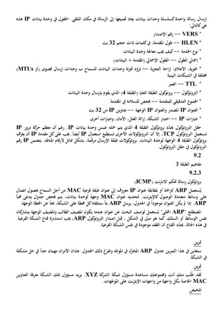 ‫إرسال‬‫يع‬ ‫بيانات‬ ‫وحدات‬ ‫كسلسلة‬‫احدة‬‫و‬ ‫رسالة‬‫ا‬‫جتميع‬ ‫د‬‫ها‬‫إىل‬‫مكان‬ ‫يف‬ ‫الرسالة‬‫ال‬‫بيانات‬ ‫وحدة‬ ‫يف‬ ‫احلقول‬ .‫تلقي‬IP‫هذ‬‫ه‬
‫ه‬‫ي‬:‫كالتايل‬
*VERS--‫اإلصدار‬ ‫رقم‬
*HLEN--‫امل‬ ‫طول‬‫قدمة‬‫كلمات‬‫يف‬ ،‫حجم‬ ‫ذات‬32‫بت‬
‫اخلدمة‬ ‫نو‬ *--‫كيف‬‫معاجلة‬ ‫جيب‬‫البيانات‬ ‫وحدة‬
*‫ال‬ ‫إمجايل‬‫طول‬--‫ال‬‫طول‬‫اإلمجايل‬‫(امل‬‫قدمة‬)‫البيانات‬ +
،‫اهلوية‬ *‫األعالم‬‫احة‬‫ز‬‫إ‬ ،‫ية‬‫ز‬‫التج‬--‫ت‬‫ئة‬‫ز‬‫جت‬ ‫د‬ّ‫زو‬‫وحدات‬‫ب‬ ‫للسماح‬ ‫البيانات‬‫(أو‬ ‫قصوى‬ ‫إرسال‬ ‫وحدات‬MTUs)
‫خمتلفة‬‫يف‬‫البينية‬ ‫الشبكات‬
*TTL--‫العمر‬
‫كول‬‫الربوتو‬ *--‫الط‬ ‫كول‬‫بروتو‬‫(الطبقة‬ ‫العليا‬ ‫بقة‬4)‫بإرسال‬ ‫يقوم‬ ‫الذي‬‫البيانات‬ ‫وحدة‬
‫التدقيقي‬ ‫اجملمو‬ *‫ل‬‫ل‬‫مقدمة‬--‫فحص‬‫ل‬‫لسالمة‬‫يف‬‫امل‬‫قدمة‬
*‫ال‬‫ان‬‫و‬‫عن‬IP‫املصدر‬‫ال‬‫و‬‫ان‬‫و‬‫عن‬IP‫الوجهة‬--‫عناوين‬IP‫من‬32‫بت‬
‫ات‬‫ر‬‫خيا‬ *IP--‫أخرى‬ ‫ات‬‫ر‬‫وخيا‬ ،‫األمان‬ ،‫العلل‬ ‫الة‬‫ز‬‫إ‬ ،‫الشبكة‬ ‫اختبار‬
‫بروت‬ ‫د‬ّ‫د‬‫حي‬ ‫كول‬‫الربوتو‬ ‫حقل‬‫الطبقة‬ ‫كول‬‫و‬4‫محله‬ ‫يتم‬ ‫الذي‬‫بيانات‬ ‫وحدة‬ ‫ضمن‬IP‫مرور‬ ‫كة‬‫حر‬ ‫معظم‬ ‫أن‬ ‫رغم‬ .IP
‫ت‬‫ستعمل‬‫كول‬‫الربوتو‬TCP،‫أن‬ ‫إال‬‫األخرى‬ ‫كوالت‬‫الربوتو‬‫تستطيع‬‫استعم‬‫ا‬‫ل‬IP‫جيب‬ .ً‫ا‬‫أيض‬‫على‬‫كل‬‫مقدمة‬IP‫أن‬‫ي‬‫ف‬ّ‫عر‬
‫الطبقة‬ ‫كول‬‫بروتو‬4‫م‬ّ‫ق‬‫مر‬ ‫اإلرسال‬ ‫طبقة‬ ‫كوالت‬‫بروتو‬ .‫البيانات‬ ‫لوحدة‬ ‫الوجهة‬‫ة‬‫مم‬ ‫بشكل‬ ،‫اثل‬‫أل‬‫يتضمن‬ .‫املنافذ‬ ‫رقام‬IP‫رقم‬
.‫كول‬‫الربوتو‬ ‫حقل‬ ‫يف‬ ‫كول‬‫الربوتو‬
202
‫الطبقة‬ ‫مفاهيم‬3
20203
( ‫نت‬‫رت‬‫االن‬ ‫حتكم‬ ‫رسالة‬ ‫كول‬‫بروتو‬ICMP)
ُ‫ي‬‫ستعمل‬ARP‫أو‬ ‫لرتمجة‬‫ملطابقة‬‫ان‬‫و‬‫عن‬IP‫فرعية‬ ‫طبقة‬ ‫ان‬‫و‬‫عن‬ ‫إىل‬ ‫معروف‬MAC‫أجل‬ ‫من‬‫ا‬‫حب‬ ‫لسماح‬‫صول‬‫اتصال‬
‫على‬.‫نت‬‫ر‬‫كاإليث‬ ‫الوصول‬ ‫متعددة‬ ‫وسائط‬‫ان‬‫و‬‫عن‬ ‫لتحديد‬MAC‫وجهة‬‫لوحدة‬،‫بيانات‬‫فحص‬ ‫يتم‬‫خمبأ‬ ‫يدعى‬ ‫جدول‬
ARP‫إذا‬ .‫يكن‬ ‫مل‬‫ان‬‫و‬‫العن‬ً‫ا‬‫موجود‬،‫اجلدول‬ ‫يف‬‫يرسل‬ARP‫بث‬ً‫ا‬‫ست‬‫حبث‬ ،‫الشبكة‬ ‫على‬ ‫حمطة‬ ‫كل‬‫تلقاه‬ً‫ا‬.‫الوجهة‬ ‫احملطة‬ ‫عن‬
" ‫املصطلح‬ARP"‫احمللي‬ُ‫ي‬‫لوصف‬ ‫ستعمل‬‫ال‬‫عندما‬ ‫ان‬‫و‬‫عن‬ ‫عن‬ ‫بحث‬‫يكون‬‫الوجه‬ ‫املضيف‬‫و‬ ‫الطالب‬ ‫املضيف‬‫ة‬‫يت‬‫ك‬‫شار‬‫ان‬
‫نفس‬‫الوسائط‬، ‫الشكل‬ ‫يف‬ ّ‫مبني‬ ‫هو‬ ‫كما‬.‫السلك‬ ‫أو‬‫قبل‬‫إصدار‬‫كول‬‫الربوتو‬ARP،‫استشارة‬ ‫جيب‬.‫الفرعية‬ ‫الشبكة‬ ‫قنا‬
‫قد‬ُ‫الع‬ ‫أن‬ ‫القنا‬ ‫د‬ّ‫د‬‫حي‬ ،‫احلالة‬ ‫هذه‬ ‫يف‬‫يف‬ ‫موجودة‬.‫الفرعية‬ ‫الشبكة‬ ‫نفس‬
‫ين‬‫ر‬‫مت‬
‫جدول‬ ‫ين‬‫ر‬‫التم‬ ‫هذا‬ ‫يف‬ ‫ستعاين‬ARP‫و‬ ‫ه‬ّ‫املوج‬ ‫يف‬ ‫ن‬َّ‫املخز‬‫اجل‬ ‫ذلك‬ ‫غ‬ّ‫تفر‬.‫دول‬‫هذان‬‫األمر‬‫ا‬‫مهم‬ ‫ن‬‫ان‬‫يف‬ ً‫ا‬‫جد‬‫حل‬‫مشكلة‬
‫يف‬.‫الشبكة‬
‫ين‬‫ر‬‫مت‬
‫أنت‬ ‫منك‬ ‫لب‬ُ‫ط‬ ‫لقد‬‫كة‬‫الشر‬ ‫شبكة‬ ‫مسؤول‬ ‫مساعدة‬ ‫وجمموعتك‬XYZ.‫يد‬‫ر‬‫ي‬‫مسؤول‬‫تلك‬‫العناوين‬ ‫معرفة‬ ‫الشبكة‬
MAC‫ب‬ ‫اخلاصة‬‫كل‬‫اجهة‬‫و‬.‫هات‬ّ‫املوج‬ ‫على‬ ‫نت‬‫ر‬‫اإليث‬ ‫اجهات‬‫و‬ ‫من‬
‫تلخيص‬
 