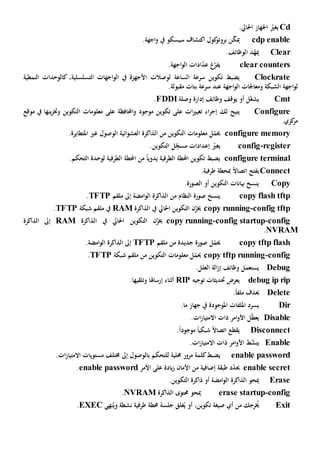 Cd‫احلا‬ ‫اجلهاز‬ ّ‫يغي‬.‫يل‬
cdp enable‫مي‬.‫اجهة‬‫و‬ ‫يف‬ ‫سيسكو‬ ‫اكتشاف‬ ‫كول‬‫بروتو‬ ‫ن‬ّ‫ك‬
Clear.‫الوظائف‬ ‫د‬ّ‫ميه‬
clear counters‫غ‬ّ‫يفر‬.‫اجهة‬‫و‬‫ال‬ ‫ادات‬ّ‫د‬‫ع‬
Clockrate‫الساعة‬ ‫سرعة‬ ‫تكوين‬ ‫يضبط‬‫ا‬ ‫لوصالت‬،‫التسلسلية‬ ‫اجهات‬‫و‬‫ال‬ ‫يف‬ ‫ألجهزة‬‫كال‬‫النمطية‬ ‫وحدات‬
‫ل‬‫الشبكة‬ ‫اجهة‬‫و‬‫و‬‫اجهة‬‫و‬‫ال‬ ‫معاجلات‬‫عند‬.‫مقبولة‬ ‫بتات‬ ‫سرعة‬
Cmt‫إدارة‬ ‫وظائف‬ ‫يوقف‬ ‫أو‬ ‫ل‬ّ‫غ‬‫يش‬‫وصلة‬FDDI.
Configure‫لك‬ ‫يتيح‬‫ع‬ ‫ات‬‫ي‬‫تغي‬ ‫اء‬‫ر‬‫إج‬‫و‬ ‫موجود‬ ‫تكوين‬ ‫لى‬‫احملافظة‬‫و‬ ‫التكوين‬ ‫معلومات‬ ‫على‬‫خت‬‫ز‬‫ي‬‫ن‬‫ها‬‫موقع‬ ‫يف‬
.‫كزي‬‫مر‬
configure memory.‫املتطايرة‬ ‫غي‬ ‫الوصول‬ ‫ائية‬‫و‬‫العش‬ ‫الذاكرة‬ ‫من‬ ‫التكوين‬ ‫معلومات‬ ‫ل‬ّ‫حيم‬
register-configِ
ّ‫مسج‬ ‫إعدادات‬ ّ‫يغي‬.‫التكوين‬ ‫ل‬
configure terminal.‫التحكم‬ ‫لوحدة‬ ‫الطرفية‬ ‫احملطة‬ ‫من‬ ً‫ا‬‫يدوي‬ ‫الطرفية‬ ‫احملطة‬ ‫تكوين‬ ‫يضبط‬
Connectً‫ال‬‫اتصا‬ ‫يفتح‬‫مب‬.‫طرفية‬ ‫حطة‬
Copy.‫الصورة‬ ‫أو‬ ‫التكوين‬ ‫بيانات‬ ‫ينسخ‬
copy flash tftp‫ملقم‬ ‫إىل‬ ‫امضة‬‫و‬‫ال‬ ‫الذاكرة‬ ‫من‬ ‫النظام‬ ‫صورة‬ ‫ينسخ‬TFTP.
pconfig tft-copy running‫يف‬ ‫احلايل‬ ‫التكوين‬ ‫ن‬ّ‫خيز‬‫الذاكرة‬RAM‫شبكة‬ ‫ملقم‬ ‫يف‬TFTP.
config-config startup-copy running‫يف‬ ‫احلايل‬ ‫التكوين‬ ‫ن‬ّ‫خيز‬‫الذاكرة‬RAM‫إىل‬‫الذاكرة‬
NVRAM.
copy tftp flash‫ملقم‬ ‫من‬ ‫جديدة‬ ‫صورة‬ ‫ل‬ّ‫حيم‬TFTP‫إىل‬.‫امضة‬‫و‬‫ال‬ ‫الذاكرة‬
config-copy tftp running‫الت‬ ‫معلومات‬ ‫ل‬ّ‫حيم‬‫شبكة‬ ‫ملقم‬ ‫من‬ ‫كوين‬TFTP.
Debug.‫العلل‬ ‫الة‬‫ز‬‫إ‬ ‫وظائف‬ ‫يستعمل‬
debug ip rip‫توجيه‬ ‫حتديثات‬ ‫يعرض‬RIP‫وتلقيها‬ ‫إرساهلا‬ ‫أثناء‬.
Delete‫ملف‬ ‫حيذف‬ً‫ا‬.
Dir‫امللفات‬ ‫يسرد‬‫املوجودة‬‫جهاز‬ ‫يف‬‫ما‬.
Disable‫ذ‬ ‫امر‬‫و‬‫األ‬ ‫ل‬ّ‫ط‬‫يع‬‫ات‬‫اال‬.‫ات‬‫ز‬‫متيا‬
Disconnectً‫ال‬‫اتصا‬ ‫يقطع‬‫شبكي‬ً‫ا‬‫موجود‬ً‫ا‬.
Enable.‫ات‬‫ز‬‫االمتيا‬ ‫ذات‬ ‫امر‬‫و‬‫األ‬ ‫ط‬ّ‫ش‬‫ين‬
enable password‫ي‬‫ب‬ ‫للتحكم‬ ‫حملية‬ ‫مرور‬ ‫كلمة‬‫ضبط‬‫ال‬‫االمتياز‬ ‫مستويات‬ ‫خمتلف‬ ‫إىل‬ ‫وصول‬‫ات‬.
enable secret‫األمان‬ ‫من‬ ‫إضافية‬ ‫طبقة‬ ‫د‬ّ‫د‬‫حي‬‫على‬ ‫يادة‬‫ز‬‫األمر‬enable password.
Erase‫الذاكرة‬ ‫ميحو‬‫امضة‬‫و‬‫ال‬.‫التكوين‬ ‫ذاكرة‬ ‫أو‬
config-erase startup‫مي‬‫الذاكرة‬ ‫حمتوى‬ ‫حو‬NVRAM.
Exit‫من‬ ‫رجك‬ُ‫خي‬ُ‫وي‬ ‫نشطة‬ ‫طرفية‬ ‫حمطة‬ ‫جلسة‬ ‫غلق‬ُ‫ي‬ ‫أو‬ ،‫تكوين‬ ‫صيغة‬ ‫أي‬‫نهي‬EXEC.
 