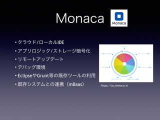 Monaca
? 饦/`IDE
? ץå/ȥ`Ż
? `ȥåץǩ`
? ǥХåh
? EclipseGruntȤμȴĩ`
? ȴ楷ƥȤBЯmBaas https://ja.monaca.io
 