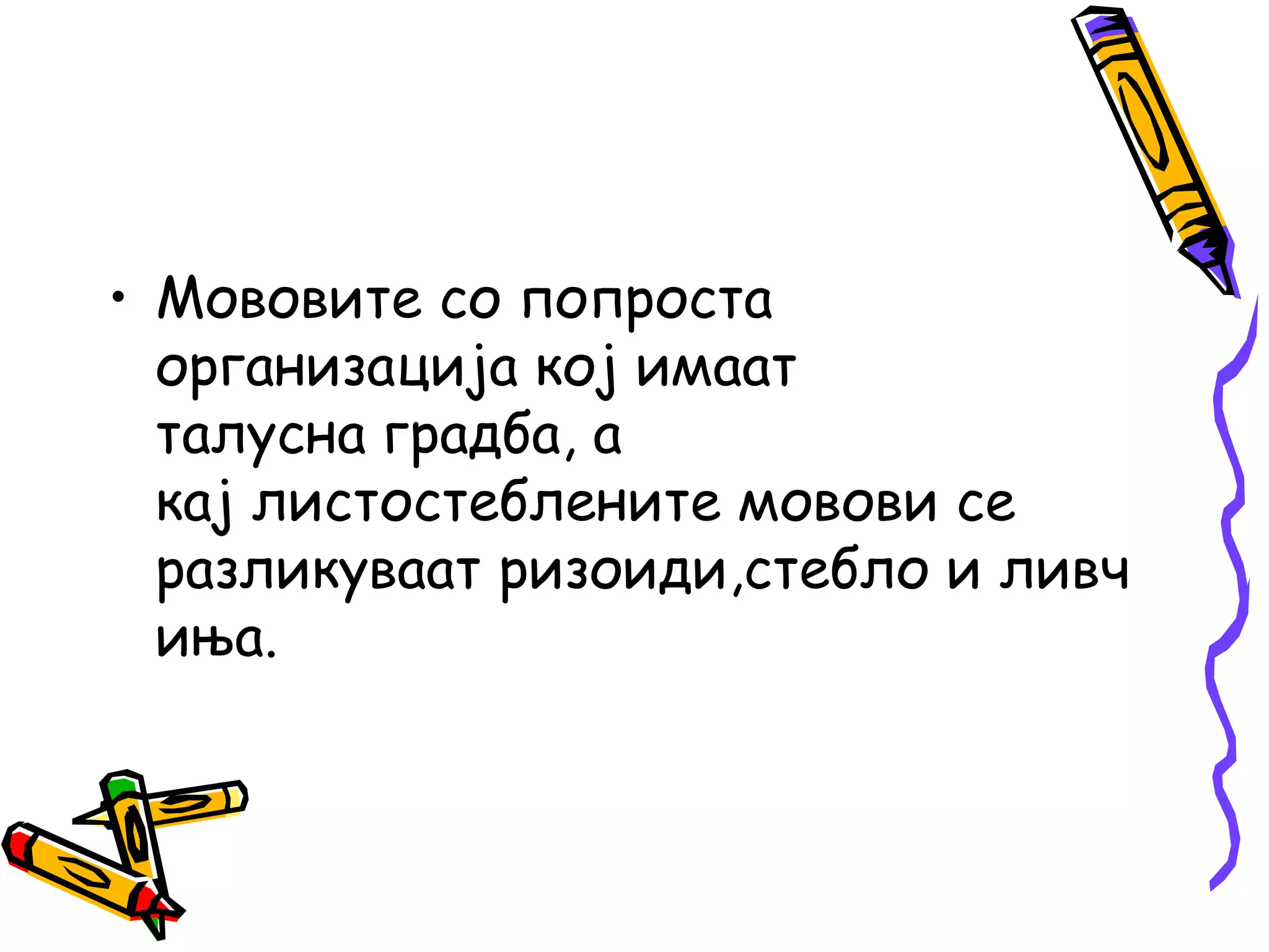 • Мововите со попроста
организација кој имаат
талусна градба, а
кај листостеблените мовови се
разликуваат ризоиди,стебло и ливч
иња.
 