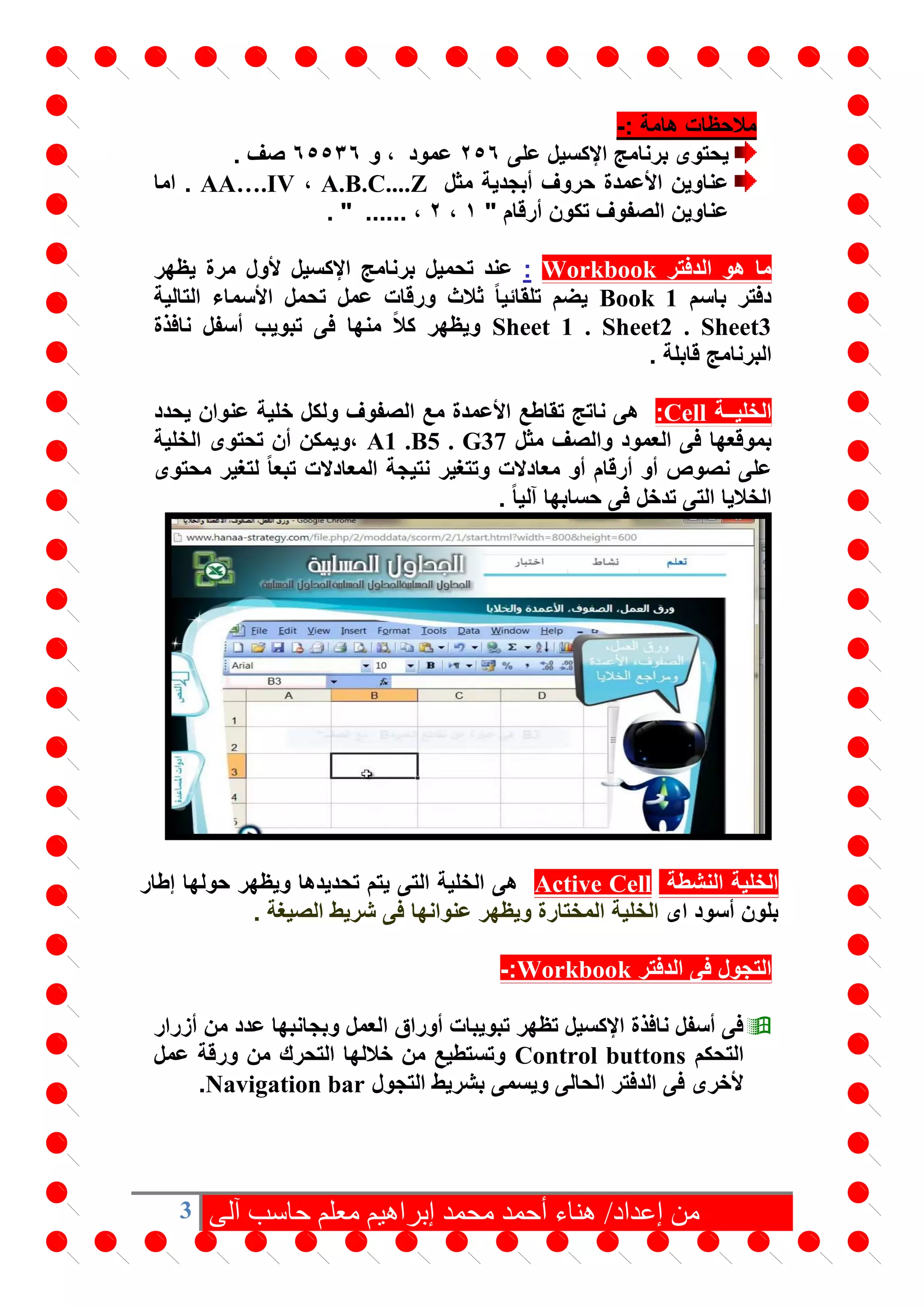 3 ‫من‬‫آلى‬ ‫حاسب‬ ‫معلم‬ ‫إبراهيم‬ ‫محمد‬ ‫أحمد‬ ‫هناء‬ /‫إعداد‬
: ‫هامة‬ ‫مالحظات‬-
‫على‬ ‫اإلكسيل‬ ‫برنامج‬ ‫يحتوى‬256‫و‬ ، ‫عمود‬65536. ‫صف‬
‫مثل‬ ‫أبجدية‬ ‫حروف‬ ‫األعمدة‬ ‫عناوين‬A.B.C....Z،AA….IV‫اما‬ .
" ‫أرقام‬ ‫تكون‬ ‫الصفوف‬ ‫عناوين‬1،2...... ،. "
‫الدفتر‬ ‫هو‬ ‫ما‬Workbook:‫يظهر‬ ‫مرة‬ ‫ألول‬ ‫اإلكسيل‬ ‫برنامج‬ ‫تحميل‬ ‫عند‬
‫باسم‬ ‫دفتر‬Book 1‫التالية‬ ‫األسماء‬ ‫تحمل‬ ‫عمل‬ ‫ورقات‬ ‫ثالث‬ ً‫ا‬‫تلقائي‬ ‫يضم‬
Sheet 1 . Sheet2 . Sheet3‫نافذة‬ ‫أسفل‬ ‫تبويب‬ ‫فى‬ ‫منها‬ ً‫ال‬‫ك‬ ‫ويظهر‬
. ‫قابلة‬ ‫البرنامج‬
‫الخليــة‬Cell:‫يحدد‬ ‫عنوان‬ ‫خلية‬ ‫ولكل‬ ‫الصفوف‬ ‫مع‬ ‫األعمدة‬ ‫تقاطع‬ ‫ناتج‬ ‫هى‬
‫مثل‬ ‫والصف‬ ‫العمود‬ ‫فى‬ ‫بموقعها‬A1 .B5 . G37‫الخلية‬ ‫تحتوى‬ ‫أن‬ ‫،ويمكن‬
‫محت‬ ‫لتغير‬ ً‫ا‬‫تبع‬ ‫المعادالت‬ ‫نتيجة‬ ‫وتتغير‬ ‫معادالت‬ ‫أو‬ ‫أرقام‬ ‫أو‬ ‫نصوص‬ ‫على‬‫وى‬
. ً‫ا‬‫آلي‬ ‫حسابها‬ ‫فى‬ ‫تدخل‬ ‫التى‬ ‫الخاليا‬
‫النشطة‬ ‫الخلية‬Active Cell:‫إطار‬ ‫حولها‬ ‫ويظهر‬ ‫تحديدها‬ ‫يتم‬ ‫التى‬ ‫الخلية‬ ‫هى‬
‫اى‬ ‫أسود‬ ‫بلون‬. ‫الصيغة‬ ‫شريط‬ ‫فى‬ ‫عنوانها‬ ‫ويظهر‬ ‫المختارة‬ ‫الخلية‬
‫الدفتر‬ ‫فى‬ ‫التجول‬Workbook:-
‫أزرار‬ ‫من‬ ‫عدد‬ ‫وبجانبها‬ ‫العمل‬ ‫أوراق‬ ‫تبويبات‬ ‫تظهر‬ ‫اإلكسيل‬ ‫نافذة‬ ‫أسفل‬ ‫فى‬
‫التحكم‬Control buttons‫عمل‬ ‫ورقة‬ ‫من‬ ‫التحرك‬ ‫خاللها‬ ‫من‬ ‫وتستطيع‬
‫التجول‬ ‫بشريط‬ ‫ويسمى‬ ‫الحالى‬ ‫الدفتر‬ ‫فى‬ ‫ألخرى‬Navigation bar.
 