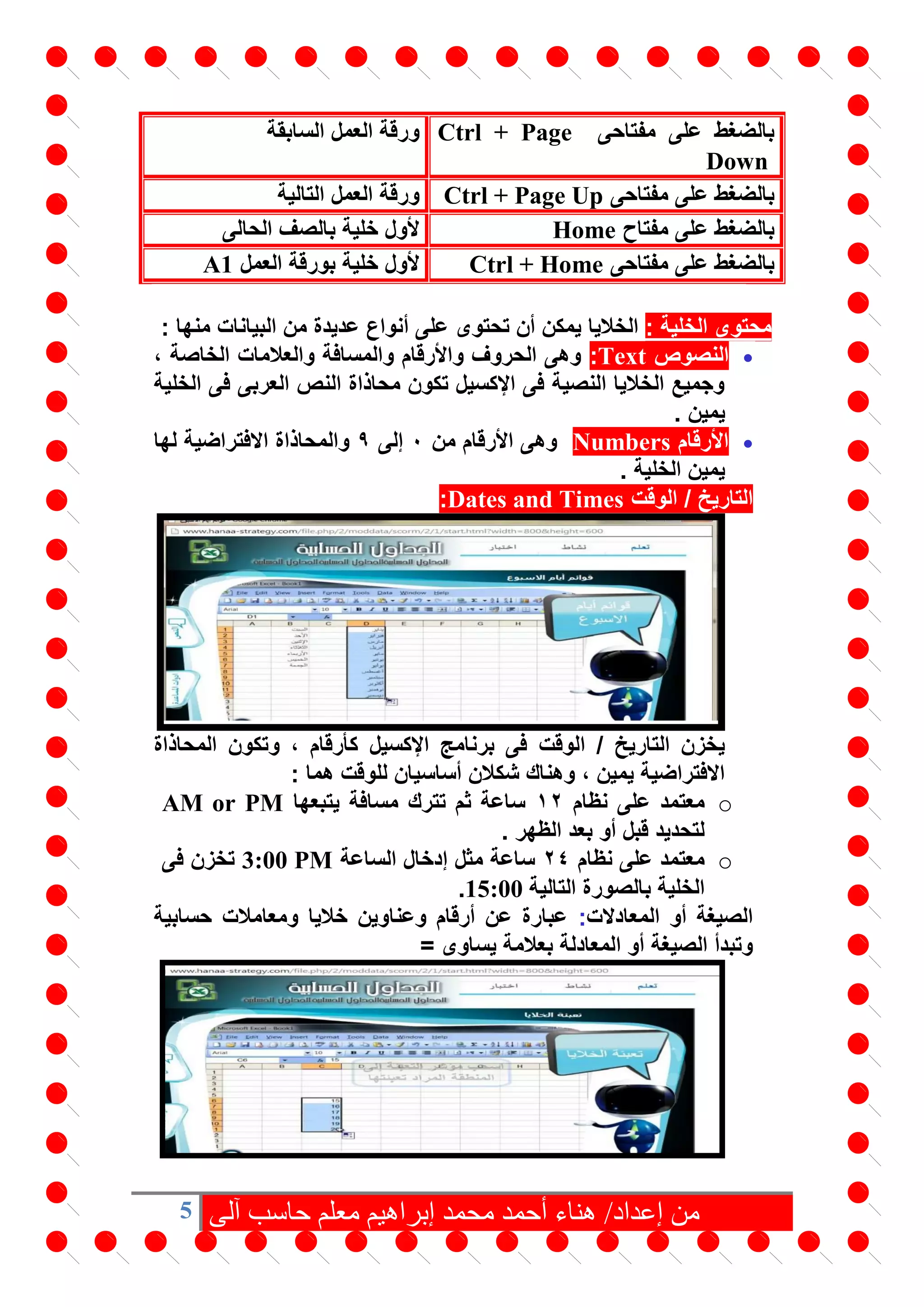 5 ‫من‬‫آلى‬ ‫حاسب‬ ‫معلم‬ ‫إبراهيم‬ ‫محمد‬ ‫أحمد‬ ‫هناء‬ /‫إعداد‬
‫مفتاح‬ ‫على‬ ‫بالضغط‬‫ى‬Ctrl + Page
Down
‫السابقة‬ ‫العمل‬ ‫ورقة‬
‫مفتاح‬ ‫على‬ ‫بالضغط‬‫ى‬Ctrl + Page Up‫التالية‬ ‫العمل‬ ‫ورقة‬
‫مفتاح‬ ‫على‬ ‫بالضغط‬Home‫الحالى‬ ‫بالصف‬ ‫خلية‬ ‫ألول‬
‫مفتاحى‬ ‫على‬ ‫بالضغط‬Ctrl + Home‫العمل‬ ‫بورقة‬ ‫خلية‬ ‫ألول‬A1
: ‫الخلية‬ ‫محتوى‬‫تحتوى‬ ‫أن‬ ‫يمكن‬ ‫الخاليا‬: ‫منها‬ ‫البيانات‬ ‫من‬ ‫عديدة‬ ‫أنواع‬ ‫على‬
‫النصوص‬Text:، ‫الخاصة‬ ‫والعالمات‬ ‫والمسافة‬ ‫واألرقام‬ ‫الحروف‬ ‫وهى‬
‫الخلية‬ ‫فى‬ ‫العربى‬ ‫النص‬ ‫محاذاة‬ ‫تكون‬ ‫اإلكسيل‬ ‫فى‬ ‫النصية‬ ‫الخاليا‬ ‫وجميع‬
. ‫يمين‬
‫األرقام‬Numbers:‫من‬ ‫األرقام‬ ‫وهى‬0‫إلى‬9‫لها‬ ‫االفتراضية‬ ‫والمحاذاة‬
. ‫الخلية‬ ‫يمين‬
‫الوقت‬ / ‫التاريخ‬Dates and Times:
‫الوقت‬ / ‫التاريخ‬ ‫يخزن‬‫المحاذاة‬ ‫وتكون‬ ، ‫كأرقام‬ ‫اإلكسيل‬ ‫برنامج‬ ‫فى‬
: ‫هما‬ ‫للوقت‬ ‫أساسيان‬ ‫شكالن‬ ‫وهناك‬ ، ‫يمين‬ ‫االفتراضية‬
o‫نظام‬ ‫على‬ ‫معتمد‬12‫يتبعها‬ ‫مسافة‬ ‫تترك‬ ‫ثم‬ ‫ساعة‬AM or PM
. ‫الظهر‬ ‫بعد‬ ‫أو‬ ‫قبل‬ ‫لتحديد‬
o‫نظام‬ ‫على‬ ‫معتمد‬24‫الساعة‬ ‫إدخال‬ ‫مثل‬ ‫ساعة‬3:00 PM‫فى‬ ‫تخزن‬
‫التالية‬ ‫بالصورة‬ ‫الخلية‬15:00.
‫المعادالت‬ ‫أو‬ ‫الصيغة‬:‫حسابية‬ ‫ومعامالت‬ ‫خاليا‬ ‫وعناوين‬ ‫أرقام‬ ‫عن‬ ‫عبارة‬
‫يساوى‬ ‫بعالمة‬ ‫المعادلة‬ ‫أو‬ ‫الصيغة‬ ‫وتبدأ‬=
 