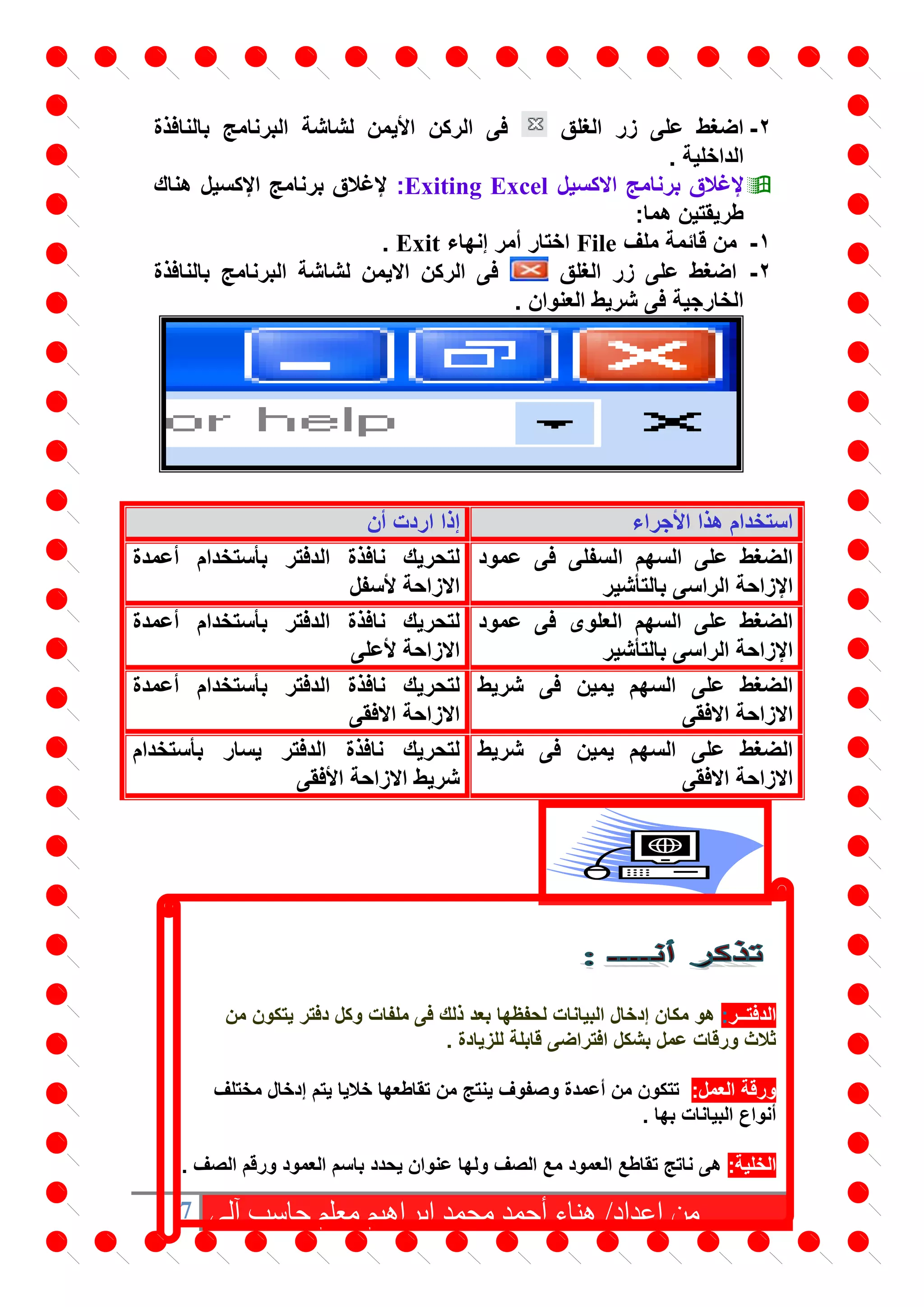 7 ‫من‬‫آلى‬ ‫حاسب‬ ‫معلم‬ ‫إبراهيم‬ ‫محمد‬ ‫أحمد‬ ‫هناء‬ /‫إعداد‬
2-‫الغلق‬ ‫زر‬ ‫على‬ ‫اضغط‬‫بالنافذة‬ ‫البرنامج‬ ‫لشاشة‬ ‫األيمن‬ ‫الركن‬ ‫فى‬
. ‫الداخلية‬
‫االكسيل‬ ‫برنامج‬ ‫إلغالق‬Exiting Excel:‫هناك‬ ‫اإلكسيل‬ ‫برنامج‬ ‫إلغالق‬
:‫هما‬ ‫طريقتين‬
1-‫ملف‬ ‫قائمة‬ ‫من‬File‫إنهاء‬ ‫أمر‬ ‫اختار‬Exit.
2-‫الغلق‬ ‫زر‬ ‫على‬ ‫اضغط‬‫بالنافذة‬ ‫البرنامج‬ ‫لشاشة‬ ‫االيمن‬ ‫الركن‬ ‫فى‬
. ‫العنوان‬ ‫شريط‬ ‫فى‬ ‫الخارجية‬
‫األجراء‬ ‫هذا‬ ‫استخدام‬‫أن‬ ‫اردت‬ ‫إذا‬
‫عمود‬ ‫فى‬ ‫السفلى‬ ‫السهم‬ ‫على‬ ‫الضغط‬
‫بالتأشير‬ ‫الراسى‬ ‫اإلزاحة‬
‫أعمدة‬ ‫بأستخدام‬ ‫الدفتر‬ ‫نافذة‬ ‫لتحريك‬
‫ألسفل‬ ‫االزاحة‬
‫عمود‬ ‫فى‬ ‫العلوى‬ ‫السهم‬ ‫على‬ ‫الضغط‬
‫الراسى‬ ‫اإلزاحة‬‫بالتأشير‬
‫أعمدة‬ ‫بأستخدام‬ ‫الدفتر‬ ‫نافذة‬ ‫لتحريك‬
‫ألعلى‬ ‫االزاحة‬
‫شريط‬ ‫فى‬ ‫يمين‬ ‫السهم‬ ‫على‬ ‫الضغط‬
‫االفقى‬ ‫االزاحة‬
‫أعمدة‬ ‫بأستخدام‬ ‫الدفتر‬ ‫نافذة‬ ‫لتحريك‬
‫االفقى‬ ‫االزاحة‬
‫شريط‬ ‫فى‬ ‫يمين‬ ‫السهم‬ ‫على‬ ‫الضغط‬
‫االفقى‬ ‫االزاحة‬
‫بأستخدام‬ ‫يسار‬ ‫الدفتر‬ ‫نافذة‬ ‫لتحريك‬
‫األفقى‬ ‫االزاحة‬ ‫شريط‬
‫الدفتــر‬:‫من‬ ‫يتكون‬ ‫دفتر‬ ‫وكل‬ ‫ملفات‬ ‫فى‬ ‫ذلك‬ ‫بعد‬ ‫لحفظها‬ ‫البيانات‬ ‫إدخال‬ ‫مكان‬ ‫هو‬
. ‫للزيادة‬ ‫قابلة‬ ‫افتراضى‬ ‫بشكل‬ ‫عمل‬ ‫ورقات‬ ‫ثالث‬
‫و‬:‫العمل‬ ‫رقة‬‫مختلف‬ ‫إدخال‬ ‫يتم‬ ‫خاليا‬ ‫تقاطعها‬ ‫من‬ ‫ينتج‬ ‫وصفوف‬ ‫أعمدة‬ ‫من‬ ‫تتكون‬
. ‫بها‬ ‫البيانات‬ ‫أنواع‬
:‫الخلية‬. ‫الصف‬ ‫ورقم‬ ‫العمود‬ ‫باسم‬ ‫يحدد‬ ‫عنوان‬ ‫ولها‬ ‫الصف‬ ‫مع‬ ‫العمود‬ ‫تقاطع‬ ‫ناتج‬ ‫هى‬
 