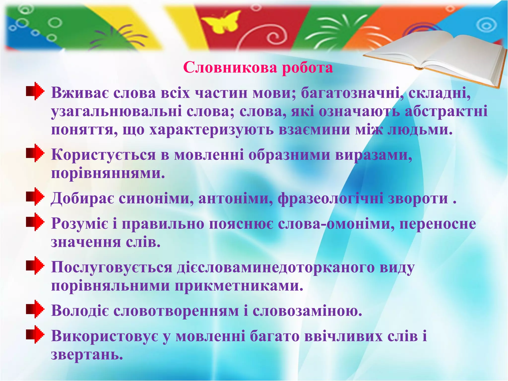 Словникова робота
Вживає слова всіх частин мови; багатозначні, складні,
узагальнювальні слова; слова, які означають абстрактні
поняття, що характеризують взаємини між людьми.
Користується в мовленні образними виразами,
порівняннями.
Добирає синоніми, антоніми, фразеологічні звороти .
Розуміє і правильно пояснює слова-омоніми, переносне
значення слів.
Послуговується дієсловаминедоторканого виду
порівняльними прикметниками.
Володіє словотворенням і словозаміною.
Використовує у мовленні багато ввічливих слів і
звертань.
 