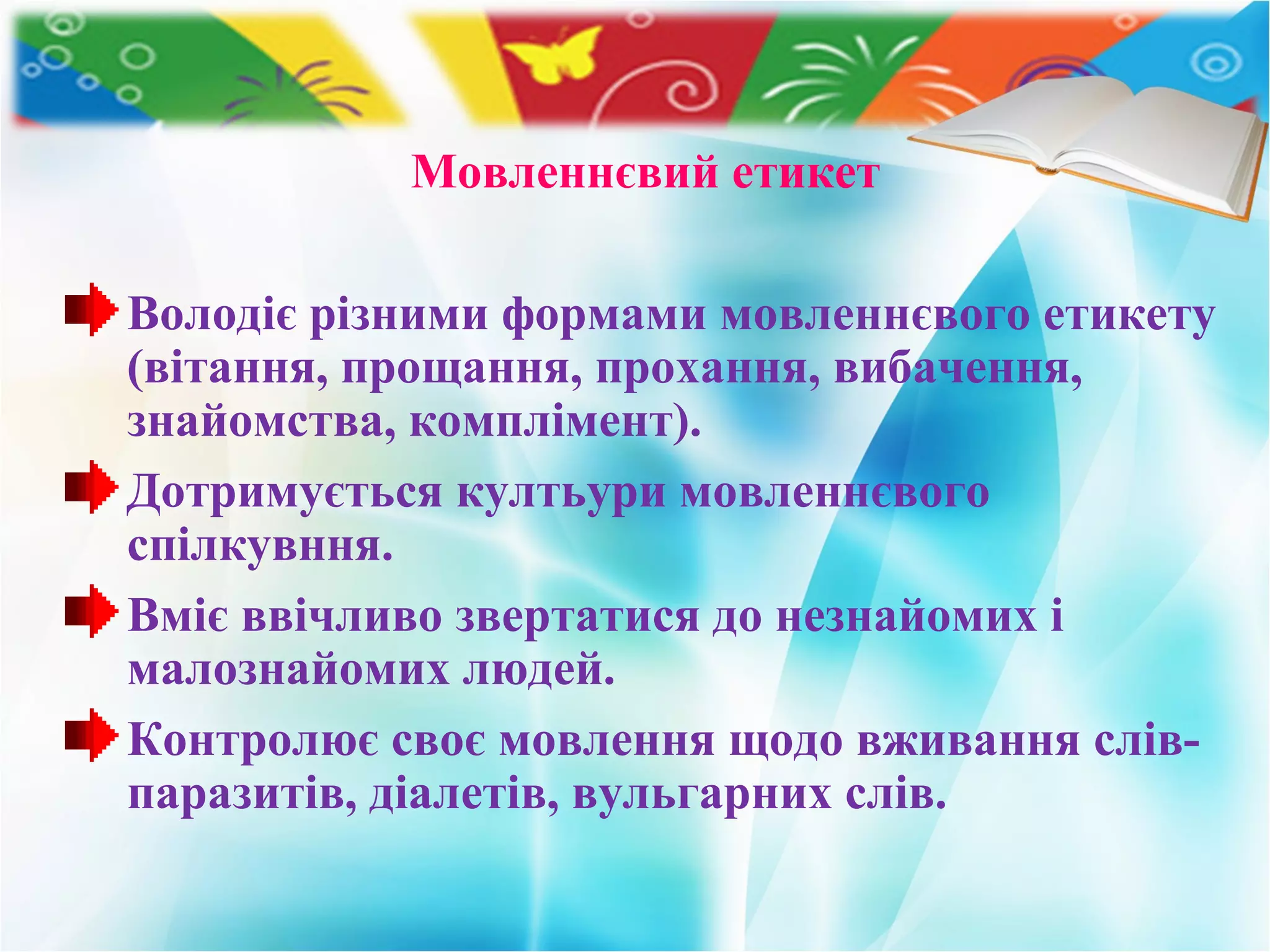 Мовленнєвий етикет
Володіє різними формами мовленнєвого етикету
(вітання, прощання, прохання, вибачення,
знайомства, комплімент).
Дотримується култьури мовленнєвого
спілкувння.
Вміє ввічливо звертатися до незнайомих і
малознайомих людей.
Контролює своє мовлення щодо вживання слів-
паразитів, діалетів, вульгарних слів.
 