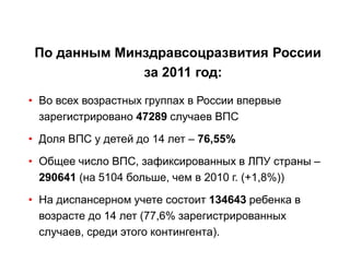 По данным Минздравсоцразвития России
за 2011 год:
• Во всех возрастных группах в России впервые
зарегистрировано 47289 случаев ВПС
• Доля ВПС у детей до 14 лет – 76,55%
• Общее число ВПС, зафиксированных в ЛПУ страны –
290641 (на 5104 больше, чем в 2010 г. (+1,8%))
• На диспансерном учете состоит 134643 ребенка в
возрасте до 14 лет (77,6% зарегистрированных
случаев, среди этого контингента).
 