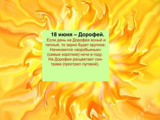 18 июня – Дорофей.
ЕслиденьнаДорофеяясныйи
теплый,тозернобудеткрупное.
Начинаются«воробьиные»
(самыекороткие)ночивгоду.
НаДорофеярасцветаетсон-
трава(простреллуговой).
 