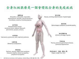 全身紅斑狼瘡是一個會侵犯全身的免疫疾病
• ACR Ad Hoc Committee on SLE Guidelines. Arthritis Rheum 1999; 42:1785–1796.
循環系統
Pericarditis, endocarditis, myocarditis,
atherosclerosis, vasculitis, arterial and venous
thromboses, anaemia, thrombocytopenia
泌尿系統
Haematuria, proteinuria, casts, nephrotic syndrome
消化系統
Nausea, vomiting, abdominal pain, hepatomegaly
皮外系統
Photosensitivity, mucous
membrane lesion, alopecia, Raynaud’s
phenomenon, purpura, urticaria,
免疫系統
Splenomegaly, leukopenia, lymphadenopathy
肌肉骨骼系統
Arthritis, arthralgia, myositis
神經系統
Psychosis, seizures, organic brain syndrome,
transverse myelitis, cranial neuropathies,
peripheral neuropathies
生殖系統
Obstetrical complications
呼吸系統
Pleurisy, pulmonary parenchymal disease,
pulmonary hypertension
其他(如無力、消瘦、發熱…等)
Fatigue, weight loss, fever
 