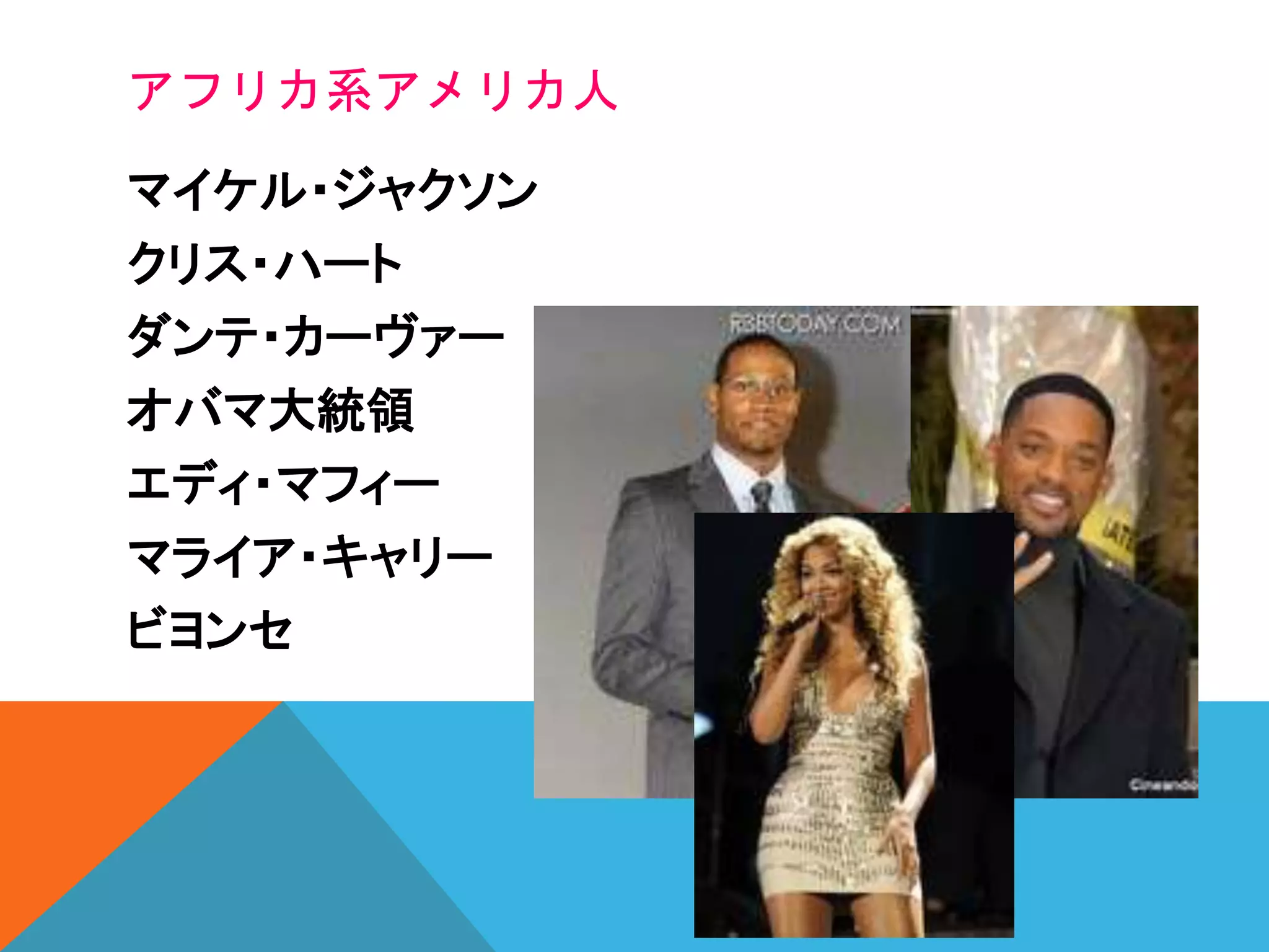 マイケル・ジャクソン
クリス・ハート
ダンテ・カーヴァー
オバマ大統領
エディ・マフィー
マライア・キャリー
ビヨンセ
アフリカ系アメリカ人
 