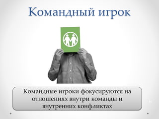 Командный игрок
Командные игроки фокусируются на
отношениях внутри команды и
внутренних конфликтах
41
 
