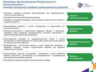 Программы финансирования Фонда развития
промышленности –
решение актуальных проблем промышленного развития
 Снижение стоимости долгового финансирования для производственно-
технологических проектов
 Расширение спектра целевого финансирования
 Переход от конкурсных процедур в пользу кредитно-инвестиционного отбора и
доработки проектов
 Финансирование проектов консорциумов предприятий в целях разработки
базовых технологий с дальнейшим их лицензированием и инжиниринговой
адаптацией под специфику компаний
 Реализация системных инициатив технологических платформ
 Финансирование проектов с учетом последующего их кредитования на
рыночных условиях.
 Экспертно-техническая и методическая поддержка (банкам и компаниям)
разработки новых продуктов производственных компаний, реализуемых с
привлечением банковского финансирования
 Финансирование расходов на прединвестиционной стадии с учетом
последующего их финансирования со стороны ВЭБ, других институтов развития
или крупного частного инвестора
 Взаимодействие с институтами развития с целью совместной экспертизы и
поддержки проектов, носящих стратегический характер для развития
промышленности России.
Проекты
импортозамещения
Добанковские
проекты
Прединвестиционные
проекты
Проекты
консорциумов
5
 