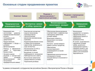 Основные стадии продвижения проектов
Взаимодействие с
институтами развития,
коммерческими банками*,
встречи с
потенциальными
заявителями.
Предоставление
информации о Фонде и
условиях
финансирования.
Помощь в оформлении
заявки и подготовке
бизнес-плана.
Экспресс-оценка и
решение о соответствии
заявки условиям
финансирования (при
поступлении
предварительной заявки)
Комплексная экспертиза
(научно-техническая,
производственно-
технологическая,
финансово-экономическая,
правовая).
Корректировка бизнес-плана
и заявки для устранения
недостатков, выявленных в
ходе экспертизы.
Рассмотрение на НТС и
Экспертном совете.
Вынесение, в случае
необходимости, на решение
Наблюдательного совета.
Выполнение заявителем
преддоговорных условий.
Подписание договора.
Предпроектное
взаимодействие
Завершение
проекта
Финансирование,
мониторинг, возврат
займа
Комплект Заявки
Экспертиза заявок
и отбор проектов
Решение о
финансировании +
подписанный договор
Решение о прекращении
проекта
Обеспечение финансирования
в соответствии с графиком (при
соблюдении заявителем
условий займа)
Мониторинг проекта и
финансового состояния
заемщика.
Контроль сроков возврата
займа и уплаты процентов.
Обеспечение
консультационного
сопровождения (в случае
запроса).
Оформление дополнительных
соглашений в случае
несущественных отклонений от
проектов
Финализация
документов по проекту,
оформление акта о
завершении проекта и
завершении
взаиморасчетов.
В случае существенного
нарушения условий
займа, досрочного
прекращения проекта -
передача проекта для
претензионно-исковой
работы для погашения
задолженности.
10
*в рамках соглашений о сотрудничестве российских банков с Минпромторгом России и Фондом
 