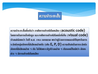 ควำมจำระยะสั้นเชื่อกันว่ำ อำศัยกำรเข้ำรหัสโดยเสียง (acoustic code)
โดยมำกในกำรเก็บข้อมูล และอำศัยกำรเข้ำรหัสโดยสิ่งที่เห็น (visual code)
บ้ำงแต่น้อยกว่ำ ในปี ค.ศ. 1964 คอนแรด พบว่ำผู้ร่วมกำรทดลองมีปัญหำในกำร
ระลึกถึงกลุ่มอักษรที่มีเสียงคล้ำยกัน (เช่น E, P, D) ควำมสับสนในกำรระลึกถึง
อักษรที่มีเสียงคล้ำย ๆ กัน ไม่ใช่เพรำะมีรูปร่ำงคล้ำย ๆ กันบอกเป็นนัยว่ำ อักษร
ต่ำง ๆ มีกำรเข้ำรหัสโดยเสียง
 