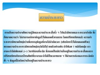 ควำมจำระยะยำว
กำรเก็บควำมจำอำศัยควำมรู้สึกและควำมจำระยะสั้นทั่ว ๆ ไปแล้วมีขนำดและระยะเวลำจำกัด ซึ่ง
ก็หมำยควำมว่ำ ไม่สำมำรถรักษำข้อมูลไว้ได้ตลอดชั่วกำลนำน โดยเปรียบเทียบแล้ว ควำมจำ
ระยะยำวมีขนำดใหญ่กว่ำเพื่อบรรจุข้อมูลที่อำจไม่จำกัดเวลำ (เช่นรักษำไว้ได้จนตลอดชีวิต)
ขนำดควำมจำระยะยำวมีขนำดใหญ่จนวัดไม่ได้ยกตัวอย่ำงเช่น ถ้ำให้เลข 7 หลักโดยสุ่ม เรำ
อำจจะจำได้เพียงแค่ 2-3 วินำทีก่อนที่จะลืม ซึ่งบอกเป็นนัยว่ำเก็บอยู่ในควำมจำระยะสั้นของเรำ
เปรียบเทียบกับเบอร์โทรศัพท์ที่เรำอำจจะจำได้เป็นเวลำหลำย ๆ ปีผ่ำนกำรท่องและกำรระลึกถึง
ซ้ำ ๆ ข้อมูลนี้จึงเรียกว่ำเก็บอยู่ในควำมจำระยะยำว
 