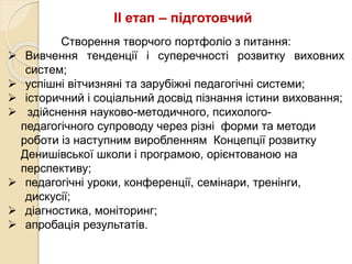 IІ етап – підготовчий
Створення творчого портфоліо з питання:
 Вивчення тенденції і суперечності розвитку виховних
систем;
 успішні вітчизняні та зарубіжні педагогічні системи;
 історичний і соціальний досвід пізнання істини виховання;
 здійснення науково-методичного, психолого-
педагогічного супроводу через різні форми та методи
роботи із наступним виробленням Концепції розвитку
Денишівської школи і програмою, орієнтованою на
перспективу;
 педагогічні уроки, конференції, семінари, тренінги,
дискусії;
 діагностика, моніторинг;
 апробація результатів.
 