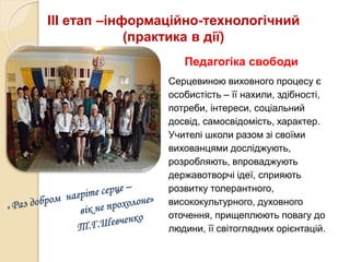 ІIІ етап –інформаційно-технологічний
(практика в дії)
Педагогіка свободи
Серцевиною виховного процесу є
особистість – її нахили, здібності,
потреби, інтереси, соціальний
досвід, самосвідомість, характер.
Учителі школи разом зі своїми
вихованцями досліджують,
розробляють, впроваджують
державотворчі ідеї, сприяють
розвитку толерантного,
висококультурного, духовного
оточення, прищеплюють повагу до
людини, її світоглядних орієнтацій.
 