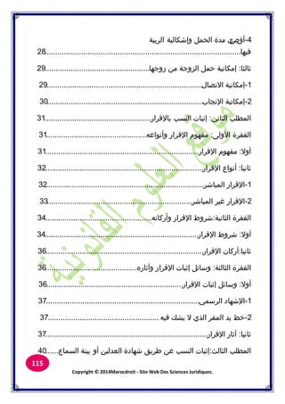 Copyright © 2014Marocdroit - Site Web Des Sciences Juridiques.
115
4-‫أؽ‬‫ص‬‫كإشكالية‬ ‫الحمل‬ ‫مدة‬ ‫ل‬‫الريبة‬
‫فيها‬............................................................................................28
‫ثالثا‬:‫زكجها‬ ‫من‬ ‫الزكجة‬ ‫حمل‬ ‫إمكانية‬.................................................29
1-‫االتصاؿ‬ ‫إمكانية‬.........................................................................29
2-‫إمكانية‬‫اإلنجاب‬.........................................................................30
‫الثاني‬ ‫المطلب‬:‫النسب‬ ‫إثبات‬‫باإلقرار‬..................................................31
‫األكلى‬ ‫الفقرة‬:‫اإلقر‬ ‫مفهوـ‬‫ار‬‫كأنواعه‬...............................................31
‫أكال‬:‫اإلقرار‬ ‫مفهوـ‬........................................................................31
‫ثانيا‬:‫اإلقرار‬ ‫أنواع‬..........................................................................32
1-‫المباشر‬ ‫اإلقرار‬..........................................................................32
2-‫غير‬ ‫اإلقرار‬‫المباشر‬....................................................................33
‫الثانية‬ ‫الفقرة‬:‫كأركانه‬ ‫اإلقرار‬ ‫شركط‬..................................................34
‫أكال‬:‫اإلقرار‬ ‫شركط‬........................................................................34
‫ثانيا‬:‫اإلقرار‬ ‫أركاف‬..........................................................................36
‫الثالثة‬ ‫الفقرة‬:‫اإلقرا‬ ‫إثبات‬ ‫كسائل‬‫ر‬‫كآثارق‬...........................................36
‫أكال‬:‫اإلقرار‬ ‫إثبات‬ ‫كسائل‬................................................................36
1-‫الرسمي‬ ‫اإلشهاد‬........................................................................37
2-‫فيه‬ ‫يشك‬ ‫ال‬ ‫الذم‬ ‫المقر‬ ‫يد‬ ‫خط‬....................................................37
‫ثانيا‬:‫اإلقرار‬ ‫آثار‬............................................................................37
‫الثالث‬ ‫المطلب‬:‫أك‬ ‫العدلين‬ ‫شهادة‬ ‫طريق‬ ‫عن‬ ‫النسب‬ ‫إثبات‬‫السماع‬ ‫بينة‬......40
 