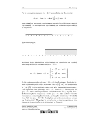 134 3.4. Ανισώσεις
Για να λύσουμε την ανίσωση −2x + 4 > 0 ακολουθούμε την ίδια πορεία:
−2x + 4 > 0 ⇔ −2x > −4 ⇔
¨¨−2x
¨¨−2
<
−4
−2
⇔ x < 2
όπου προσέξαμε στο σημείο που διαιρούμε δια του −2 να αλλάξουμε την ϕορά
της ανίσωσης. Το σύνολο λύσεων της ανίσωσης μας μπορεί να παρασταθεί με
το διάγραμμα:
ή με το διάγραμμα:
Μπορούμε όπως εργασθήκαμε προηγουμένως να εργασθούμε με τυχόντες
αριθ-μούς δηλαδή να επιλύσουμε την αx + β > 0
αx + β > 0 ⇔ αx > −β ⇔
⎧⎪⎪⎪⎪⎪⎪⎪⎪
⎨
⎪⎪⎪⎪⎪⎪⎪⎪⎩
x > −β
α αν α > 0
ή
x < −β
α αν α < 0
ή
0 > −β αν α = 0
⎫⎪⎪⎪⎪⎪⎪⎪⎪
⎬
⎪⎪⎪⎪⎪⎪⎪⎪⎭
Οι δύο πρώτες περιπτώσεις όπου α > 0 ή α < 0 είναι ξεκάθαρες: Το σύνολο λύ-
σεων της ανίσωσης στην πρώτη περίπτωση είναι το (−β
α ,+∞) ενώ στην δεύτερη
το (−∞, −β
α ). Η τρίτη περίπτωση όπου α = 0 ϑέλει λίγο μεγαλύτερη προσοχή.
Στην περίπτωση αυτή ϐρίσκουμε ότι αx + β > 0 ⇔ 0 > −β. Που σημαίνει ότι
η αx + β > 0 ϑα αληθεύει για κάποιο x αν αληθεύει ότι 0 > −β δηλαδή β > 0.
Αν λοιπόν συμβαίνει πράγματι β > 0 τότε η αx + β > 0 ϑα αληθεύει για κάθε
x και σύνολο λύσεων της ϑα είναι το R. Αν όμως δεν συμβαίνει β > 0 δηλαδή
είναι β ≤ 0 τότε η αx + β > 0 δεν ϑα αληθεύει για κανένα x και σύνολο λύσεων
της ϑα είναι το ∅. Μπορούμε να συνοψίσουμε τα συμπεράσματα μας στον
παρακάτω πίνακα που δεν είναι απαραίτητο να ϑυμάστε:
Πρότυπο Πειραματικό Λύκειο
Ευαγγελικής Σχολής Σμύρνης
http://lyk-evsch-n-smyrn.att.sch.gr
Ν.Σ. Μαυρογιάννης
www.nsmavrogiannis.gr
 
