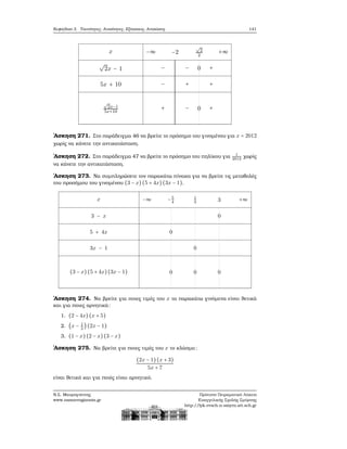 Κεφάλαιο 3. Ταυτότητες, Ανισότητες, Εξισώσεις, Ανισώσεις 141
x
√
2x − 1
5x + 10
√
2x−1
5x+10
−∞ −2
√
2
2
+∞
− − 0 +
− + +
+ − 0 +
΄Ασκηση 271. Στο παράδειγμα 46 να ϐρείτε το πρόσημο του γινομένου για x = 2012
χωρίς να κάνετε την αντικατάσταση.
΄Ασκηση 272. Στο παράδειγμα 47 να ϐρείτε το πρόσημο του πηλίκου για 1
2012
χωρίς
να κάνετε την αντικατάσταση.
΄Ασκηση 273. Να συμπληρώσετε τον παρακάτω πίνακα για να ϐρείτε τις μεταβολές
του προσήμου του γινομένου (3 − x) (5 + 4x)(3x − 1).
x
3 − x
5 + 4x
3x − 1
(3 − x) (5 + 4x)(3x − 1)
−∞ −5
4
1
3 3 +∞
0
0
0
0 0 0
΄Ασκηση 274. Να ϐρείτε για ποιες τιμές του x τα παρακάτω γινόμενα είναι ϑετικά
και για ποιες αρνητικά:
1. (2 − 4x)(x + 5)
2. (x − 1
2
)(2x − 1)
3. (1 − x) (2 − x)(3 − x)
΄Ασκηση 275. Να ϐρείτε για ποιες τιμές του x το κλάσμα:
(2x − 1)(x + 3)
5x + 7
είναι ϑετικό και για ποιές είναι αρνητικό.
Ν.Σ. Μαυρογιάννης
www.nsmavrogiannis.gr
Πρότυπο Πειραματικό Λύκειο
Ευαγγελικής Σχολής Σμύρνης
http://lyk-evsch-n-smyrn.att.sch.gr
 