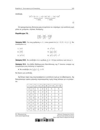 Κεφάλαιο 4. Συντεταγμένες και Συναρτήσεις 165
Απόδειξη.
∣αν
∣ = ∣α ⋅ α ⋅ ... ⋅ α∣
ν ϕορές
= ∣α∣ ⋅ ∣α∣ ⋅ ... ⋅ ∣α∣
ν ϕορές
= ∣α∣ν
Οι προηγούμενες ιδιότητες μας επιτρέπουν να «περνάμε» την απόλυτη τιμή
μέσα σε γινόμενα, πηλίκα, δυνάμεις:
Παράδειγμα 72.
∣
xy
z3
∣ =
∣xy∣
∣z3∣
=
∣x∣ ∣y∣
∣z∣3
΄Ασκηση 309. Για τους αριθμούς α,β,γ είναι γνωστό ότι ∣α∣ = 2,∣β∣ = 4,∣γ∣ = 1
2
. Να
υπολογίσετε τα:
1. ∣αβ∣
2. ∣αβ
γ
∣
3. ∣α2
βγ∣
4. α2
∣βγ∣
5. ∣ α
∣α∣
∣ + ∣α
γ
∣
6. ∣α3
∣ + ∣β3
∣ − γ2
΄Ασκηση 310. Να αποδείξετε ότι ο αριθμός x
∣x∣
(x ≠ 0) έχει απόλυτη τιμή ίση με 1.
΄Ασκηση 311. Στο ϐιβλίο Μαθηματικών Κατεύθυνσης της Γ΄ Λυκείου υπάρχει ως
υποερώτημα μιας άσκησης το παρακάτω:
Να αποδείξετε ότι ∣ x
1+x2 ∣ ≤ 1
2
, x ∈ R.
Να δώσετε μία απόδειξη.
Ας δούμε τώρα πως συμπεριφέρεται η απόλυτη τιμή με τα αθροίσματα. Ας
δοκιμάσουμε πρώτα μερικές συγκεκριμένες τιμές όπως κάναμε με το γινόμε-
νο:
x y x + y ∣x∣ ∣y∣ ∣x + y∣ ∣x∣ + ∣y∣
2 3 5 2 3 5 5
2 −3 −1 2 3 1 5
−2 3 1 2 3 1 5
−2 −3 −5 2 3 5 5
2 0 2 2 0 2 2
0 3 3 0 3 3 3
−2 0 −2 2 0 2 2
0 −3 −3 0 3 3 3
Ν.Σ. Μαυρογιάννης
www.nsmavrogiannis.gr
Πρότυπο Πειραματικό Λύκειο
Ευαγγελικής Σχολής Σμύρνης
http://lyk-evsch-n-smyrn.att.sch.gr
 