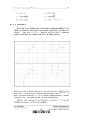 Κεφάλαιο 4. Συντεταγμένες και Συναρτήσεις 191
1. f (x) = x−1
x+1
2. f (x) = x−1
x2+3x+2
3. f (x) = x−1
x2+3x+3
4. f (x) =
√
x−1
x2+3x+3
5. f (x) =
√
x−1
x+2
6. f (x) =
√
x − 1 +
√
5 − x
4.2.4 Η συνάρτηση xν
Μπορούμε με την ϐοήθεια ενός πίνακα τιμών και αρκετές πράξεις ή ποιο
απλά στην Geogebra να κάνουμε την γραφική παράσταση της συνάρτησης
f(x) = xν
για τις τιμές ν = 1,2,3,.... Πίσω από τον τύπο f(x) = xν
κρύβονται
πολλές συναρτήσεις μία για κάθε τιμή του ν. Ας δούμε μερικές:
Βλέπουμε ότι για τις άρτιες τιμές του ν η γραφική παράσταση της f είναι πάνω
από τον x′
x εκτός από το σημείο O πράγμα αναμενόμενο αφού xϑετικό άρτιο
≥ 0
και το ίσον ισχύει μόνο για x = 0. ΄Οταν ο εκθέτης είναι περιττός τότε η γραφική
παράσταση της f είναι πάνω από τον x′
x μόνο για τα ϑετικά x.
Ας δούμε τώρα τις γραφικές παραστάσεις των συναρτήσεων xν
συγκριτικά
δηλαδή σχεδιασμένες στο ίδιο σύστημα αξόνων.
Ν.Σ. Μαυρογιάννης
www.nsmavrogiannis.gr
Πρότυπο Πειραματικό Λύκειο
Ευαγγελικής Σχολής Σμύρνης
http://lyk-evsch-n-smyrn.att.sch.gr
 