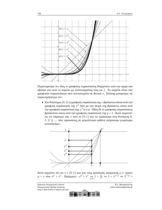 192 4.2. Συνάρτησεις
Παρατηρούμε ότι όλες οι γραφικές παραστάσεις διέρχονται από την αρχή των
αξόνων και από το σημείο με συντεταγμένες ίσες με 1. Τα σημεία όλων των
γραφικών παραστάσεων που αντιστοιχούν σε ϑετικά x. Επίσης μπορούμε να
παρατηρήσουμε ότι:
Στο διάστημα (0,1) η γραφική παράσταση της x ϐρίσκεται πάνω από την
γραφική παράσταση της x2
που με την σειρά της ϐρίσκεται πάνω από
την γραφική παράσταση της x3
κ.ο.κ. ΄Ολες δε οι γραφικές παραστάσεις
ϐρίσκονται κάτω από την γραφική παράσταση της y = 1. Αυτό σημαίνει
ότι αν πάρουμε ένα x από το (0,1) και το υψώσουμε στις δυνάμεις 0,
1, 2, 3, ... τότε υψώνοντας σε μεγαλύτερο εκθέτη παίρνουμε μικρότερο
αποτέλεσμα:
Αυτό σημαίνει ότι αν x ∈ (0,1) και για τους ϕυσικούς ακέραιους μ,ν ισχύει
μ < ν τότε xμ
> xν
. Πράγματι: xμ
> xν
⇔
x>0
1 > xν
xμ ⇔ 1 > xν−μ
⇔ 1ν−μ
>
Πρότυπο Πειραματικό Λύκειο
Ευαγγελικής Σχολής Σμύρνης
http://lyk-evsch-n-smyrn.att.sch.gr
Ν.Σ. Μαυρογιάννης
www.nsmavrogiannis.gr
 