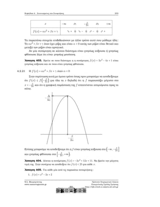 Κεφάλαιο 4. Συντεταγμένες και Συναρτήσεις 233
x
f (x) = αx2
+ βx + γ
−∞ ρ1 − β
2α
ρ2 +∞
+ 0 − 0 − 0 +
Τα παραπάνω στοιχεία επιβεβαιώνουν με άλλο τρόπο αυτό που μάθαμε ήδη:
Το αx2
+ βx + γ όταν έχει ϱίζες και είναι α > 0 εκτός των ϱιζών είναι ϑετικό και
μεταξύ των ϱιζών είναι αρνητικό.
Αν μία συνάρτηση σε κάποιο διάστημα είναι γνησίως αύξουσα ή γνησίως
ϕθίνουσα λέμε ότι είναι γνησίως μονότονη.
΄Ασκηση 403. Βρείτε σε ποιο διάστημα η η συνάρτηση f (x) = 3x2
− 4x + 1 είναι
γνησίως αύξουσα και σε ποιο είναι γνησίως ϕθίνουσα.
4.2.21 Η f (x) = αx2
+ βx + γ όταν α < 0
Στην περίπτωση αυτή με όμοιο τρόπο όπως πριν μπορούμε να αποδείξουμε
ότι f (x) ≤ f (− β
2α ) για όλα τα x δηλαδή ότι η f παρουσιάζει μέγιστο στο
x = − β
2α και ότι η γραφική παράσταση της f επεκτείνεται απεριόριστα προς τα
κάτω.
Επίσης μπορούμε να αποδείξουμε ότι η f είναι γνησίως αύξουσα στο (−∞,− β
2α]
και γνησίως ϕθίνουσα στο [− β
2α,+∞).
΄Ασκηση 404. Δίνεται η συνάρτηση f (x) = −3x2
+ 12x + 11. Να ϐρείτε την μέγιστη
τιμή της. Στην συνέχεια να αποδείξετε ότι f (x) < 25 για κάθε x.
΄Ασκηση 405. Για κάθε μία από τις παρακάτω συναρτήσεις:
1. f (x) = x2
− 3x + 2
Ν.Σ. Μαυρογιάννης
www.nsmavrogiannis.gr
Πρότυπο Πειραματικό Λύκειο
Ευαγγελικής Σχολής Σμύρνης
http://lyk-evsch-n-smyrn.att.sch.gr
 