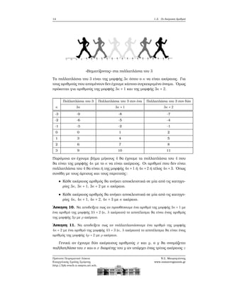 14 1.2. Οι Ακέραιοι Αριθμοί
«Βηματίζοντας» στα πολλαπλάσια του 3
Τα πολλαπλάσια του 3 είναι της μορφής 3κ όπου ο κ να είναι ακέραιος. Για
τους αριθμούς που απομένουν δεν έχουμε κάποιο συγκεκριμένο όνομα. ΄Ομως
πρόκειται για αριθμούς της μορφής 3κ + 1 και της μορφής 3κ + 2.
Πολλαπλάσια του 3 Πολλαπλάσια του 3 συν ένα Πολλαπλάσια του 3 συν δύο
κ 3κ 3κ + 1 3κ + 2
-3 -9 -8 -7
-2 -6 -5 -4
-1 -3 -2 -1
0 0 1 2
1 3 4 5
2 6 7 8
3 9 10 11
Παρόμοια αν έχουμε ϐήμα μήκους 4 ϑα έχουμε τα πολλαπλάσια του 4 που
ϑα είναι της μορφής 4κ με το κ να είναι ακέραιος. Οι αριθμοί που δεν είναι
πολλαπλάσια του 4 ϑα είναι ή της μορφής 4κ+1 ή 4κ+2 ή τέλος 4κ+3. ΄Οπως
συνέβη με τους άρτιους και τους περιττούς:
Κάθε ακέραιος αριθμός ϑα ανήκει αποκλειστικά σε μία από τις κατηγο-
ϱίες 3κ, 3κ + 1, 3κ + 2 με κ ακέραιο.
Κάθε ακέραιος αριθμός ϑα ανήκει αποκλειστικά σε μία από τις κατηγο-
ϱίες 4κ, 4κ + 1, 4κ + 2, 4κ + 3 με κ ακέραιο.
΄Ασκηση 10. Να αποδείξετε πως αν προσθέσουμε ένα αριθμό της μορφής 3κ + 1 με
ένα αριθμό της μορφής 3λ + 2 (κ, λ ακέραιοι) το αποτέλεσμα ϑα είναι ένας αριθμός
της μορφής 3ρ με ρ ακέραιο.
΄Ασκηση 11. Να αποδείξετε πως αν πολλαπλασιάσουμε ένα αριθμό της μορφής
4κ + 2 με ένα αριθμό της μορφής 4λ + 3 (κ, λ ακέραιοι) το αποτέλεσμα ϑα είναι ένας
αριθμός της μορφής 4ρ + 2 με ρ ακέραιο.
Γενικά αν έχουμε δύο ακέραιους αριθμούς x και y, ο y ϑα ονομάζεται
πολλαπλάσιο του x και ο x διαιρέτης του y αν υπάρχει ένας τρίτος ακέραιος z
Πρότυπο Πειραματικό Λύκειο
Ευαγγελικής Σχολής Σμύρνης
http://lyk-evsch-n-smyrn.att.sch.gr
Ν.Σ. Μαυρογιάννης
www.nsmavrogiannis.gr
 