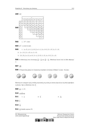 Κεφάλαιο 6. Απαντήσεις στις Ασκήσεις 313
499 495
500
ν
1 2 3 4 5 6 7
0 1 1 1 1 1 1 1
1 1 2 3 4 5 6 7
2 1 3 6 10 15 21
3 1 4 10 20 35
4 1 5 15 35
5 1 6 21
6 1 7
7 1
502 1. 173 = 4913
503 257 = 6.103.515.625
505 1. {α, β}, {β, γ}, {β, δ}, {α, β, γ}, {α, β, δ}, {β, γ, δ}, {α, β, γ, δ}.
2. {α, γ, δ}, {β, γ, δ}, {α, β, γ, δ}.
3. {β}, {δ}, {α, β}, {α, δ}, {β, γ}, {β, δ}, {γ, δ}, {α, β, δ}, {β, γ, δ}.
506 Η πιθανότητες είναι αντιστοίχως 2
36
= 1
18
και 3
36
= 1
12
. Πιθανότερο λοιπόν είναι να έλθει άθροισμα
4.
507 12
365
508 Ο δειγματικός χώρος του πειράματος απαρτίζεται από Ϲεύγη ενδείξεων 1η ϱίψη - 2η ϱίψη:
Βλέπουμε ότι υπάρχουν τρεις ευνοϊκές περιπτώσεις στις οποίες σε κάποια ϱίψη (ή και στις δύο) εμφανίζεται
η γλαύκα. ΄Αρα η πιθανότητα είναι 3
4
.
509 1
90
= 1, 1%
510 1
24.435.180
511 1. 1
3
2. 2
3
3. 1
12
512 5
7
513 5
18
514 1
32
δηλαδή περίπου 3%.
Ν.Σ. Μαυρογιάννης
www.nsmavrogiannis.gr
Πρότυπο Πειραματικό Λύκειο
Ευαγγελικής Σχολής Σμύρνης
http://lyk-evsch-n-smyrn.att.sch.gr
 