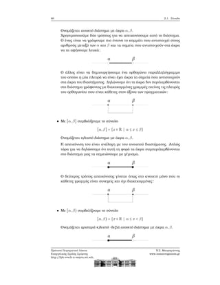 60 2.1. Σύνολα
Ονομάζεται ανοικτό διάστημα με άκρα α,β.
Χρησιμοποιούμε δύο τρόπους για να απεικονίσουμε αυτό το διάστημα.
Ο ένας είναι να γράψουμε πιο έντονο το κομμάτι που αντιστοιχεί στους
αριθμούς μεταξύ των α και β και τα σημεία που αντιστοιχούν στα άκρα
να τα αφήσουμε λευκά:
Ο άλλος είναι να δημιουργήσουμε ένα ορθογώνιο παραλληλόγραμμο
του οποίοι η μία πλευρά να είναι έχει άκρα τα σημεία που αντιστοιχούν
στα άκρα του διαστήματος. Δηλώνουμε ότι τα άκρα δεν περιλαμβάνονται
στο διάστημα γράφοντας με διακεκομμένες γραμμές εκείνες τις πλευρές
του ορθογωνίου που είναι κάθετες στον άξονα των πραγματικών:
Με [α,β] συμβολίζουμε το σύνολο
[α,β] = {x ∈ R ∣ α ≤ x ≤ β}
Ονομάζεται κλειστό διάστημα με άκρα α,β.
Η απεικόνιση του είναι ανάλογη με του ανοικτού διαστήματος. Απλώς
τώρα για να δηλώσουμε ότι αυτή τη ϕορά τα άκρα συμπεριλαμβάνονται
στο διάστημα μας τα σημειώνουμε με γέμισμα.
Ο δεύτερος τρόπος απεικόνισης γίνεται όπως στο ανοικτό μόνο που οι
κάθετες γραμμές είναι συνεχείς και όχι διακεκομμένες:
Με [α,β) συμβολίζουμε το σύνολο
[α,β) = {x ∈ R ∣ α ≤ x < β}
Ονομάζεται αριστερά κλειστό -δεξιά ανοικτό διάστημα με άκρα α,β.
Πρότυπο Πειραματικό Λύκειο
Ευαγγελικής Σχολής Σμύρνης
http://lyk-evsch-n-smyrn.att.sch.gr
Ν.Σ. Μαυρογιάννης
www.nsmavrogiannis.gr
 