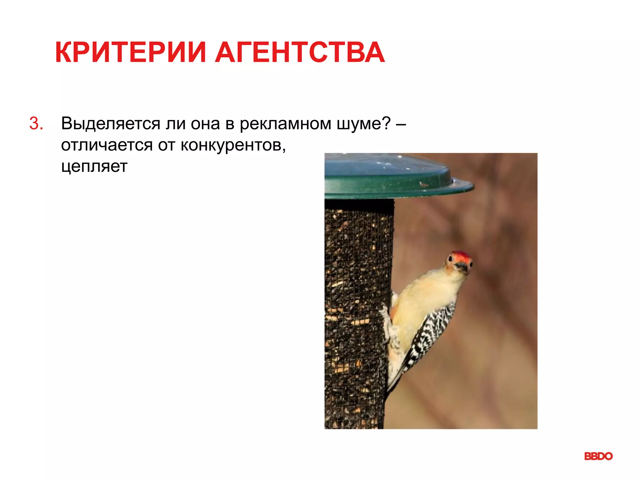 КРИТЕРИИ АГЕНТСТВА
3. Выделяется ли она в рекламном шуме? –
отличается от конкурентов,
цепляет
 