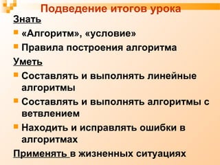Знать
 «Алгоритм», «условие»
 Правила построения алгоритма
Уметь
 Составлять и выполнять линейные
алгоритмы
 Составлять и выполнять алгоритмы с
ветвлением
 Находить и исправлять ошибки в
алгоритмах
Применять в жизненных ситуациях
Подведение итогов урока
 