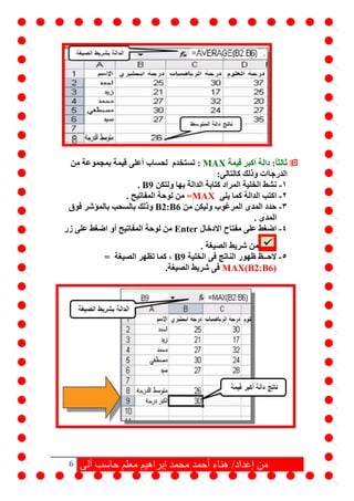 6 ‫آلى‬ ‫حاسب‬ ‫معلم‬ ‫إبراهيم‬ ‫محمد‬ ‫أحمد‬ ‫هناء‬ /‫إعداد‬ ‫من‬
‫قيمة‬ ‫أكبر‬ ‫دالة‬ :ً‫ا‬‫ثالث‬MAX:‫لحساب‬ ‫تستخدم‬‫قيمة‬ ‫أعلى‬‫من‬ ‫بمجموعة‬
‫كالتالى‬ ‫وذلك‬ ‫الدرجاات‬:
1-‫ن‬‫ولتكن‬ ‫بها‬ ‫الدالة‬ ‫كتابة‬ ‫المراد‬ ‫الخلية‬ ‫شط‬B9.
2-‫يلى‬ ‫كما‬ ‫الدالة‬ ‫اكتب‬=MAX. ‫المفاتيح‬ ‫لوحة‬ ‫من‬
3-‫من‬ ‫وليكن‬ ‫المرغوب‬ ‫المدى‬ ‫حدد‬B2:B6‫فوق‬ ‫بالمؤشر‬ ‫بالسحب‬ ‫وذلك‬
. ‫المدى‬
4-‫االدخال‬ ‫مفتاح‬ ‫على‬ ‫اضغط‬Enter‫زر‬ ‫على‬ ‫اضغط‬ ‫أو‬ ‫المفاتيح‬ ‫لوحة‬ ‫من‬
‫من‬. ‫الصيغة‬ ‫شريط‬
5-‫الخلية‬ ‫فى‬ ‫الناتج‬ ‫ظهور‬ ‫الحــظ‬B9‫الصيغة‬ ‫تظهر‬ ‫كما‬ ،=
MAX(B2:B6).‫الصيغة‬ ‫شريط‬ ‫فى‬
 
