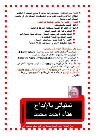 7 ‫آلى‬ ‫حاسب‬ ‫معلم‬ ‫إبراهيم‬ ‫محمد‬ ‫أحمد‬ ‫هناء‬ /‫إعداد‬ ‫من‬
‫المخطط‬ ‫حجم‬ ‫لتعديل‬:‫السحب‬ ‫مع‬ ‫الرسم‬ ‫جوانب‬ ‫احد‬ ‫على‬ ‫اضغط‬‫أو‬‫استخدم‬
‫المفتاح‬Ctrl‫حجم‬ ‫لتغيير‬ ‫السحب‬ ‫مع‬‫المخطط‬ ‫بينما‬ ‫المخطط‬‫منتصف‬ ‫في‬ ‫باقي‬
‫فيها‬ ‫الموجود‬ ‫المسافة‬.
‫اتبع‬ ‫المخطط‬ ‫عناصر‬ ‫من‬ ‫عنصر‬ ‫اي‬ ‫لتعديل‬‫التالي‬:
1-‫العنصر‬ ‫اختر‬‫بالضغط‬‫عليه‬.
2-‫الى‬ ‫ادخل‬‫اختيارات‬‫التنسيق‬‫التالية‬ ‫الطرق‬ ‫احد‬ ‫باستخدام‬:
‫العنص‬ ‫على‬ ‫مرتين‬ ‫الضغط‬‫ر‬‫المختار‬.
‫اختيار‬ ‫ثم‬ ‫ومن‬ ، ‫المختار‬ ‫العنصر‬ ‫على‬ ‫باليمين‬ ‫الضغط‬‫تنسيق‬‫اسم‬
‫المختار‬ ‫العنصر‬‫المختصرة‬ ‫القائمة‬ ‫من‬.
‫تنسيق‬ ‫قائمة‬ ‫من‬ ‫االختيار‬‫المختار‬ ‫العنصر‬ ‫اسم‬.
‫استعراض‬ ‫طريق‬ ‫عن‬ ‫تعديالتك‬ ‫اختيار‬‫المتاحة‬ ‫األلواح‬.
‫؟‬ ‫البيانى‬ ‫للرسم‬ ‫عنوان‬ ‫إضافة‬ ‫يمكنك‬ ‫كيف‬ :‫مثال‬
1-‫البيانى‬ ‫الرسم‬ ‫خيارات‬ ‫اختر‬ ‫المختصرة‬ ‫القائمة‬ ‫من‬Chart Options.
2-‫عناوين‬ ‫تبويب‬ ‫من‬Titles. ‫البيانى‬ ‫للرسم‬ ‫عنوان‬ ‫اضف‬
3-‫البيانات‬ ‫عناوين‬ ‫تبويب‬ ‫من‬Data Labels‫اختر‬Category Name.
4-‫موافق‬ ‫اضغط‬OK.
‫الحــ‬‫ـ‬:‫أنـ‬ ‫ـظ‬‫كائن‬ ‫أى‬ ‫على‬ ‫اضغط‬Object‫من‬ ‫للتمكن‬ ‫الختياره‬ ‫البيانى‬ ‫بالرسم‬
. ‫المختصرة‬ ‫قائمته‬ ‫خالل‬ ‫من‬ ‫تنسيقه‬
‫يمكنك‬ ‫كيف‬ :‫مثال‬‫نقش‬ ‫تغير‬Pattern‫البيانى‬ ‫الرسم‬ ‫لمساحة‬Chart area‫؟‬
‫البيانى‬ ‫الرسم‬ ‫لحذف‬:‫حذف‬ ‫مفتاح‬ ‫على‬ ‫اضغط‬ ‫ثم‬ ‫حدده‬Delete‫لوحة‬ ‫من‬
. ‫المفاتيح‬
‫تمنياتى‬‫باإلبداع‬
‫محمد‬ ‫أحمد‬ ‫هناء‬
‫إبراهيم‬
 