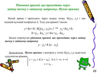 Рівняння прямої, що проходить через
задану точку в заданому напрямку. Пучок прямих
Нехай пряма l проходить через задану точку M0(x0; y0) і має
заданий кутовий коефіцієнт k. Тоді для прямої l маємо
y=kx+b; M0(x0 ; y0) ϵ l y0=kx0+b;
b=y0 – kx0 ; y=kx+y0 – kx0 .
⇒
Звідси отримуємо рівняння прямої, що проходить через задану
точку в заданому напрямку
y – y0=k (x – x0).
Зауваження. Пучок прямих з центром у точці M0(x0; y0) задається
сукупністю рівнянь
( ) ( )



=
∞+∞−∈−=−
.
;,
0
00
xx
kxxkyy
23
 
