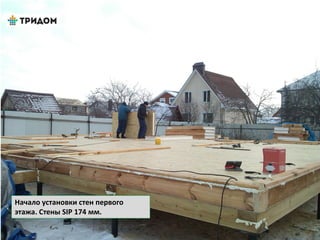 Начало установки стен первого
этажа. Стены SIP 174 мм.
 
