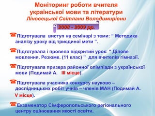 Підготувала виступ на семінарі з теми: “ Методика
аналізу уроку від триєдиної мети ”.
Підготувала і провела відкритий урок: “ Ділове
мовлення. Резюме. (11 клас) ” для вчителів гімназії.
Підготувала призера районної олімпіади з української
мови (Подимай А. ІІІ місце).
Підготувала учасника конкурсу науково –
дослідницьких робіт учнів – членів МАН (Подимай А.
V місце).
Екзаменатор Сімферопольського регіонального
центру оцінювання якості освіти.
Моніторинг роботи вчителя
української мови та літератури
Ліновецької Світлани Володимирівни
2008 - 2009 рр.2008 - 2009 рр.
 