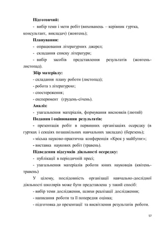 57
Підготовчий:
- вибір теми і мети робіт (вихованець – керівник гуртка,
консультант, викладач) (жовтень);
Планування:
- опрацювання літературних джерел;
- складання списку літератури;
- вибір засобів представлення результатів (жовтень-
листопад).
Збір матеріалу:
- складання плану роботи (листопад);
- робота з літературою;
- спостереження;
- експеримент (грудень-січень).
Аналіз:
- узагальнення матеріалів, формування висновків (лютий)
Подання і оцінювання результатів:
- презентація робіт в первинних організаціях осередку (в
гуртках і секціях позашкільних навчальних закладах) (березень);
- міська науково-практична конференція «Крок у майбутнє»;
- виставка наукових робіт (травень).
Підведення підсумків діяльності осередку:
- публікації в періодичній пресі;
- узагальнення матеріалів роботи юних науковців (квітень-
травень)
У цілому, послідовність організації навчально-дослідної
діяльності школярів може бути представлена у такий спосіб:
- вибір теми дослідження, шляхи реалізації дослідження;
- написання роботи та її попередня оцінка;
- підготовка до презентації та висвітлення результатів роботи.
 