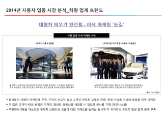 [출처: 기사 발췌]
대형차 띄우기 안간힘…이색 마케팅 '눈길'
 업체들이 대형차 마케팅에 주력. 가격이 비교적 높고 고객이 한정된 모델인 만큼, 특정 수요를 겨냥해 맞춤형 이색 마케팅
 더 많은 고객이 K9의 변경된 디자인, 향상된 상품성을 체험할 수 있도록 행사를 기획 (파르나스몰)
 주한대사 8명을 대상으로 현대차 브랜드와 상품에 대한 이해도를 높이는 동시에 각 국가와의 우호적 동반 협력 관계 구축
차량 업계 이색 마케팅 사례
[파르나스몰 K 퀀텀] [오피니언 리더초청 시승회 ‘아슬란’]
▶ 파르나스몰 메인 입구에 검은색 유리 큐브를 설치하고 그 속에 K9 퀀텀 전시
큐브 표면에는 차량 디자인을 스케치하는 듯한 영상을 투사해 관람객 에게 홍보
▶현대차가 복합 브랜드 체험 공간인 현대모터스튜디오에서
각국 대사들에게 현대차 브랜드와 한국 자동차산업 알리기
2014년 자동차 업종 시장 분석_차량 업계 트렌드
 