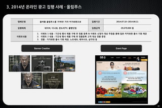 38
3. 2014년 온라인 광고 집행 사례 - 올림푸스
Banner Creative Event Page
캠페인명 올여름 올림푸스를 가져라! 가자 카가와현으로 집행기간 2014.07.10~2014.08.11
집행매체 네이버, 다나와, 판도라TV, 풀빵닷컴 집행금액 29,679,000 원
이벤트내용
1. 이벤트 1 내용 : 기간내 행사 제품 구매 후 정품 등록 & 이벤트 신청자 대상 추첨을 통해 일본 카카와현 출사 기회 제공
2. 이벤트 2 내용 : 기간내 행사 제품 구매 후 정품등록 고객 대상 경품 증정
3. 경품 : 가가와현 출사 기회 제공, 노트세트, 레져시트, 삼각대 등
 