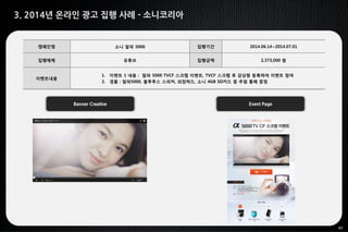 43
3. 2014년 온라인 광고 집행 사례 - 소니코리아
Banner Creative Event Page
캠페인명 소니 알파 5000 집행기간 2014.06.14~2014.07.01
집행매체 유튜브 집행금액 2,373,000 원
이벤트내용
1. 이벤트 1 내용 : 알파 5000 TVCF 스크랩 이벤트, TVCF 스크랩 후 감상평 등록하여 이벤트 참여
2. 경품 : 알파5000, 블루투스 스피커, 외장하드, 소니 4GB SD카드 중 추첨 통해 증정
 